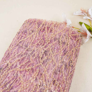 Onion Pink With Golden Floral Sequins Embroidery Net Imported Fabric - TradeUNO