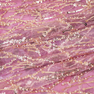 Onion Pink With Golden Floral Sequins Embroidery Net Imported Fabric - TradeUNO