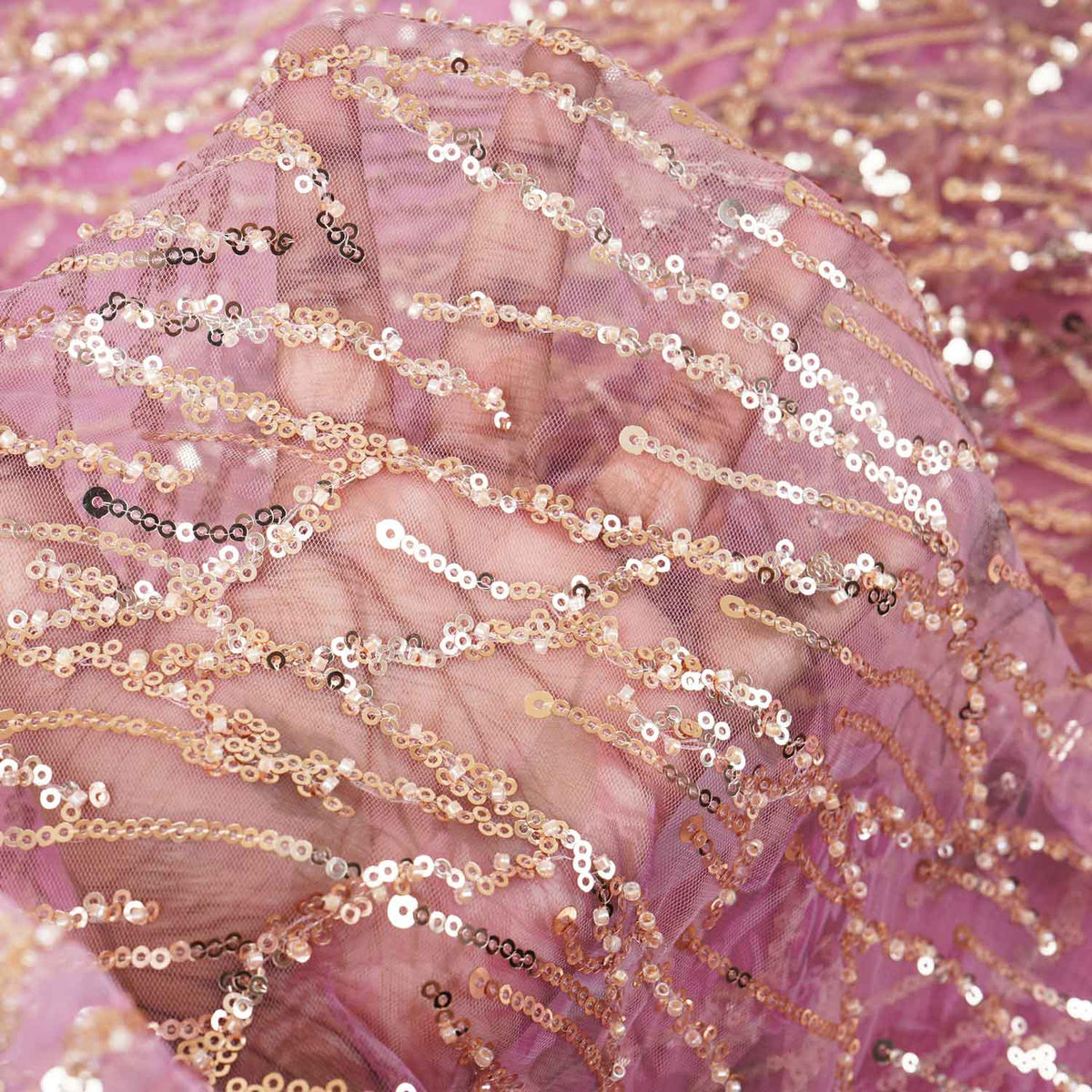 Onion Pink With Golden Floral Sequins Embroidery Net Imported Fabric - TradeUNO