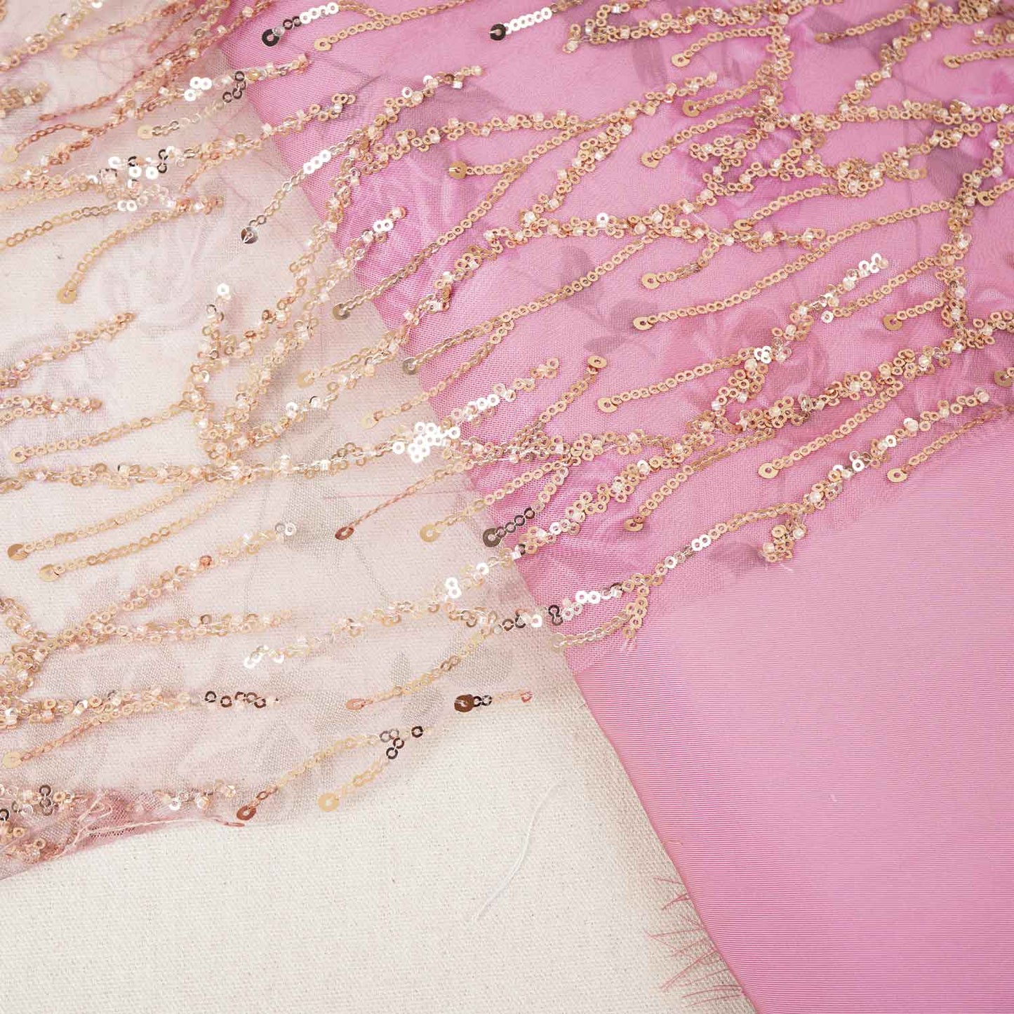 Onion Pink With Golden Floral Sequins Embroidery Net Imported Fabric