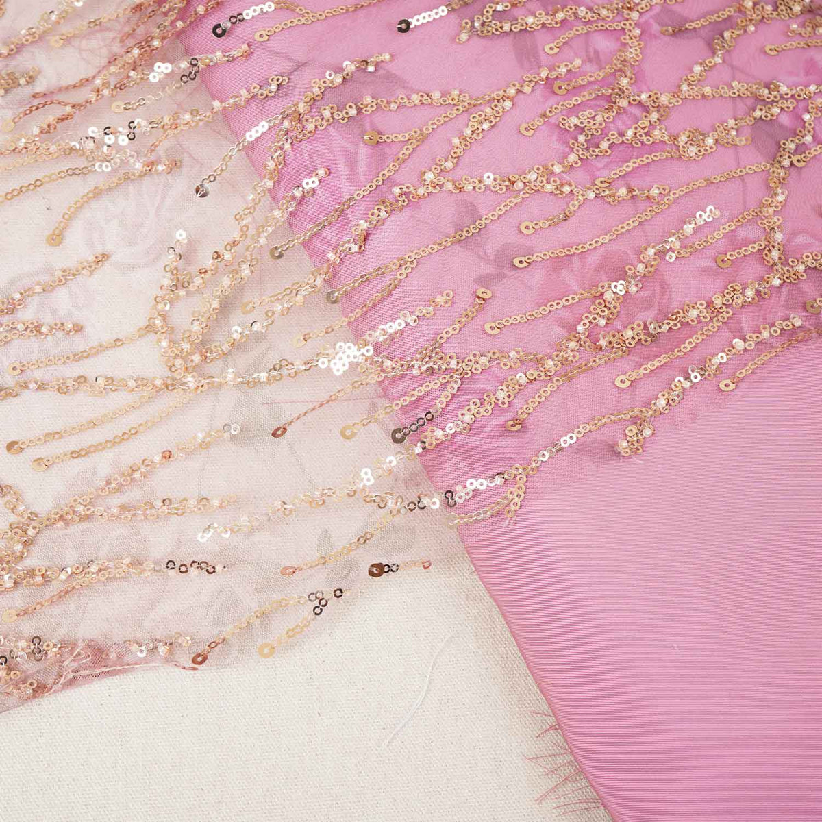 Onion Pink With Golden Floral Sequins Embroidery Net Imported Fabric - TradeUNO