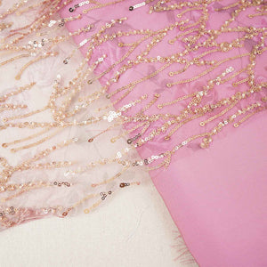 Onion Pink With Golden Floral Sequins Embroidery Net Imported Fabric - TradeUNO