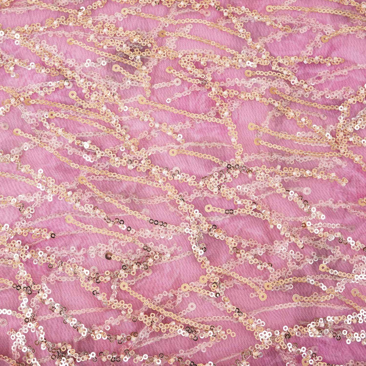Onion Pink With Golden Floral Sequins Embroidery Net Imported Fabric