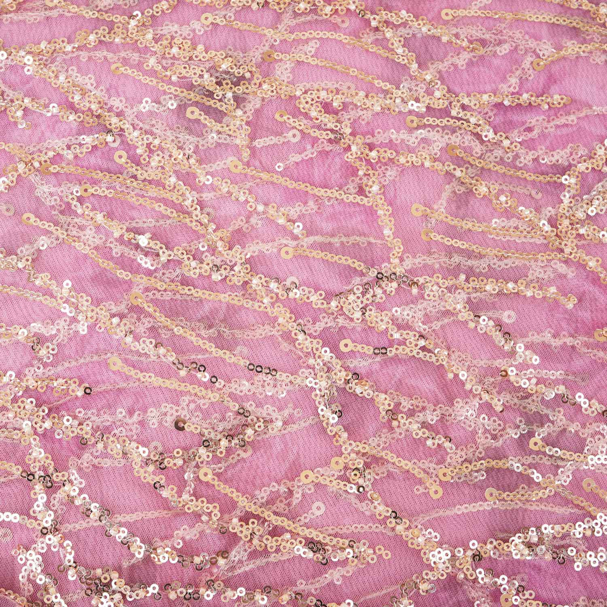 Onion Pink With Golden Floral Sequins Embroidery Net Imported Fabric - TradeUNO
