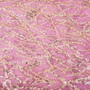 Onion Pink With Golden Floral Sequins Embroidery Net Imported Fabric - TradeUNO