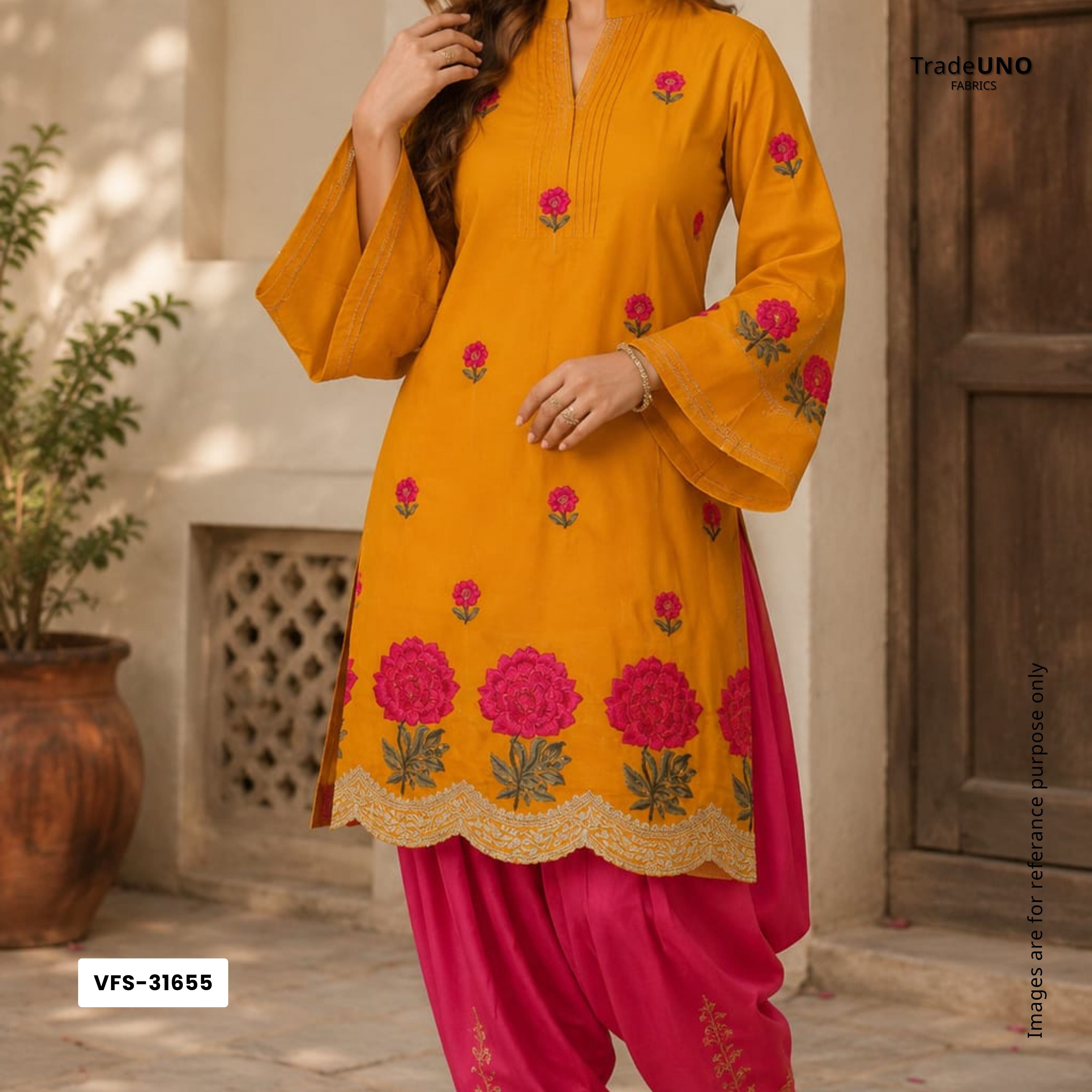 Mustard Border embroidery Crepe Fabric VFS-31655 - TradeUNO