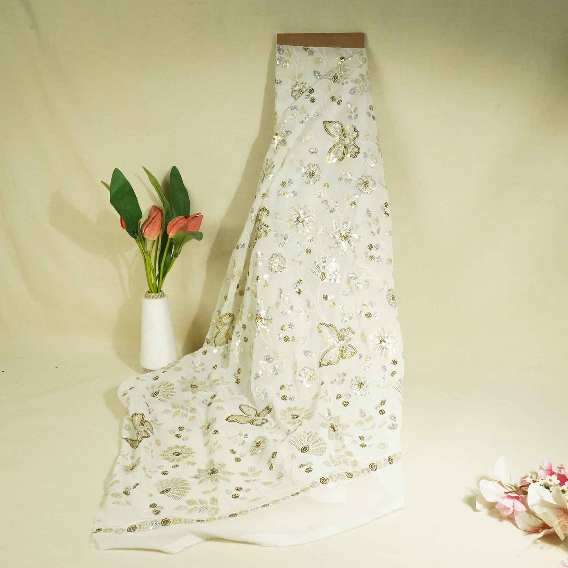 White Floral Golden & Silver Sequence Embroidery Dyeable Georgette TU-7828