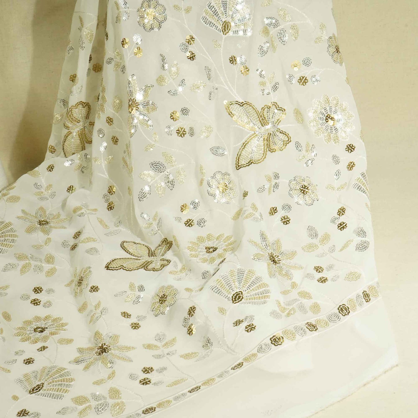White Floral Golden & Silver Sequence Embroidery Dyeable Georgette TU-7828
