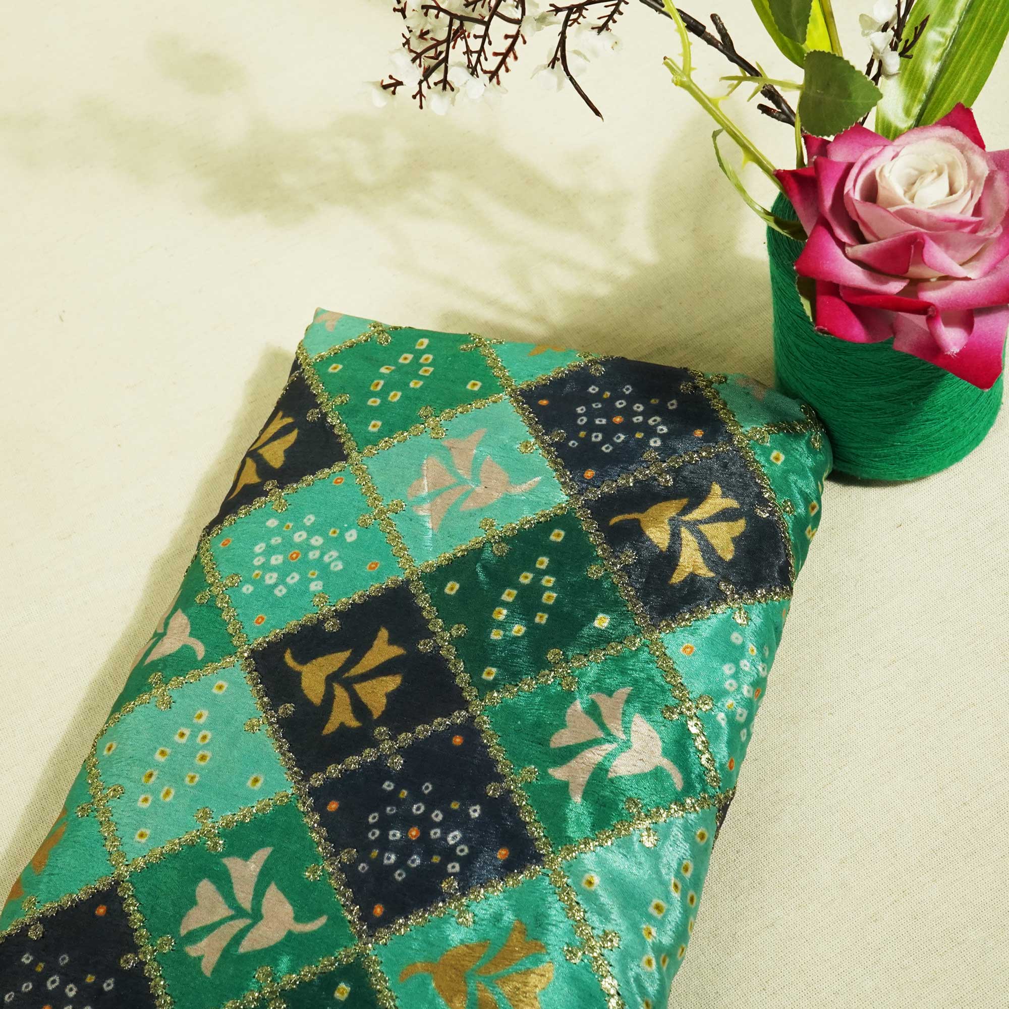 Green With Black Bandhani Chevron Print Zari Chinnon TU-7854