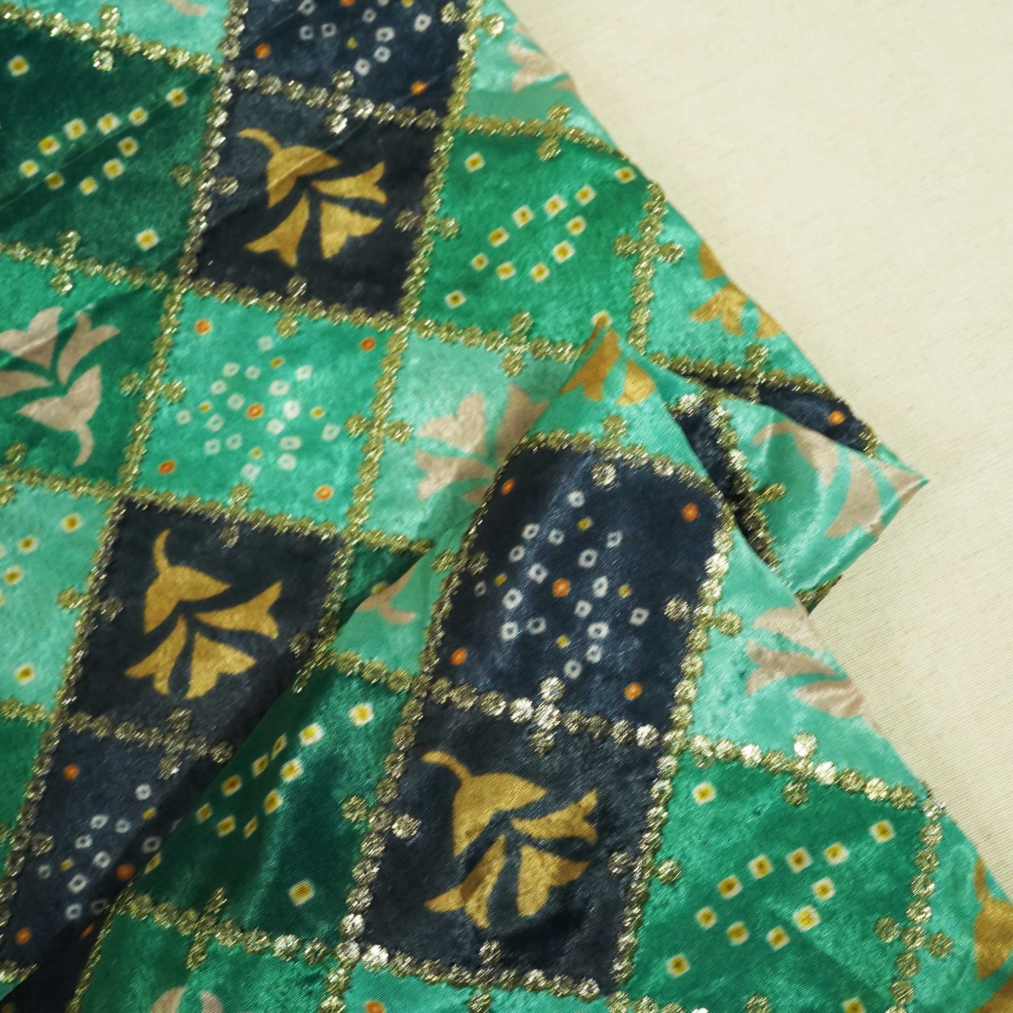 Green With Black Bandhani Chevron Print Zari Chinnon TU-7854