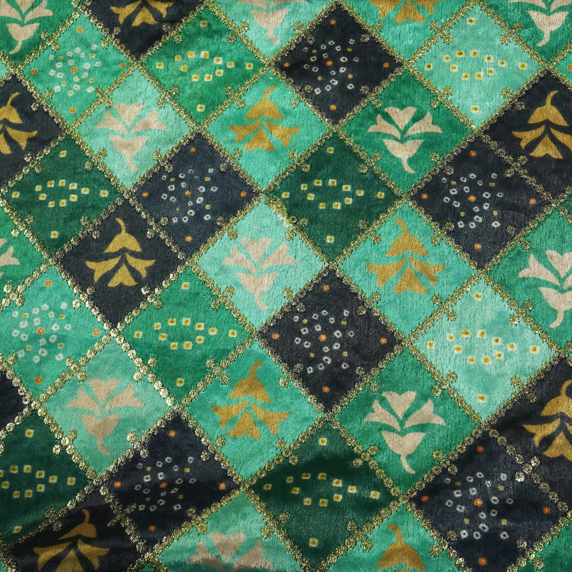 Green With Black Bandhani Chevron Print Zari Chinnon TU-7854