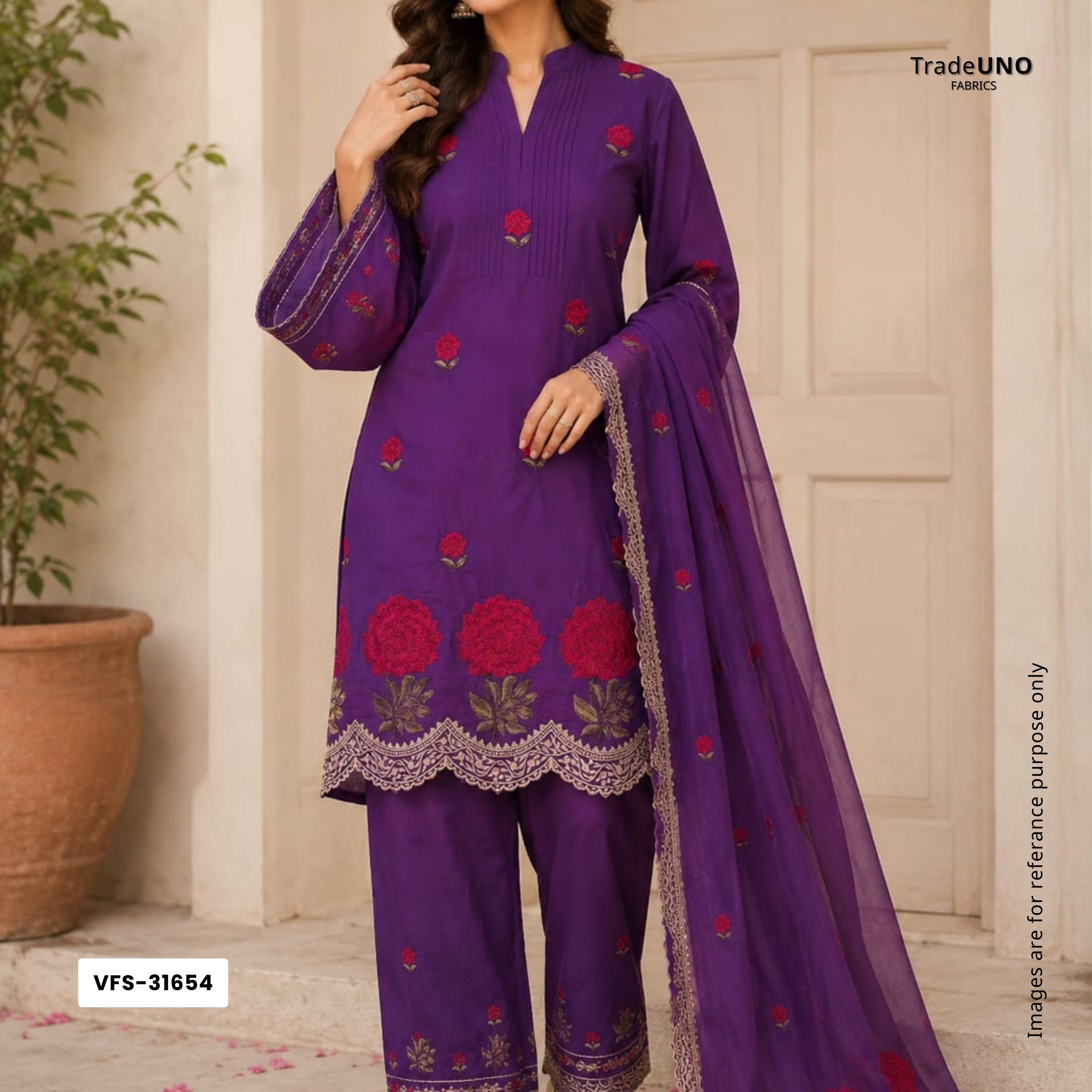Purple Border embroidery Crepe Fabric VFS-31654 - TradeUNO