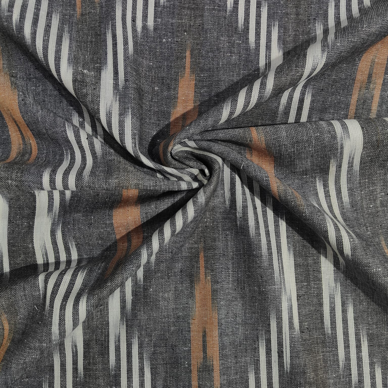 Grey With White & Brown Ikkat Print Cotton Fabric