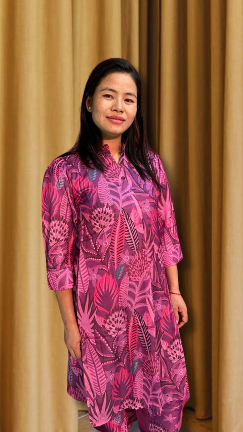 Premium Magenta Pink Multicolor Floral Linen Satin Co-Ord Set