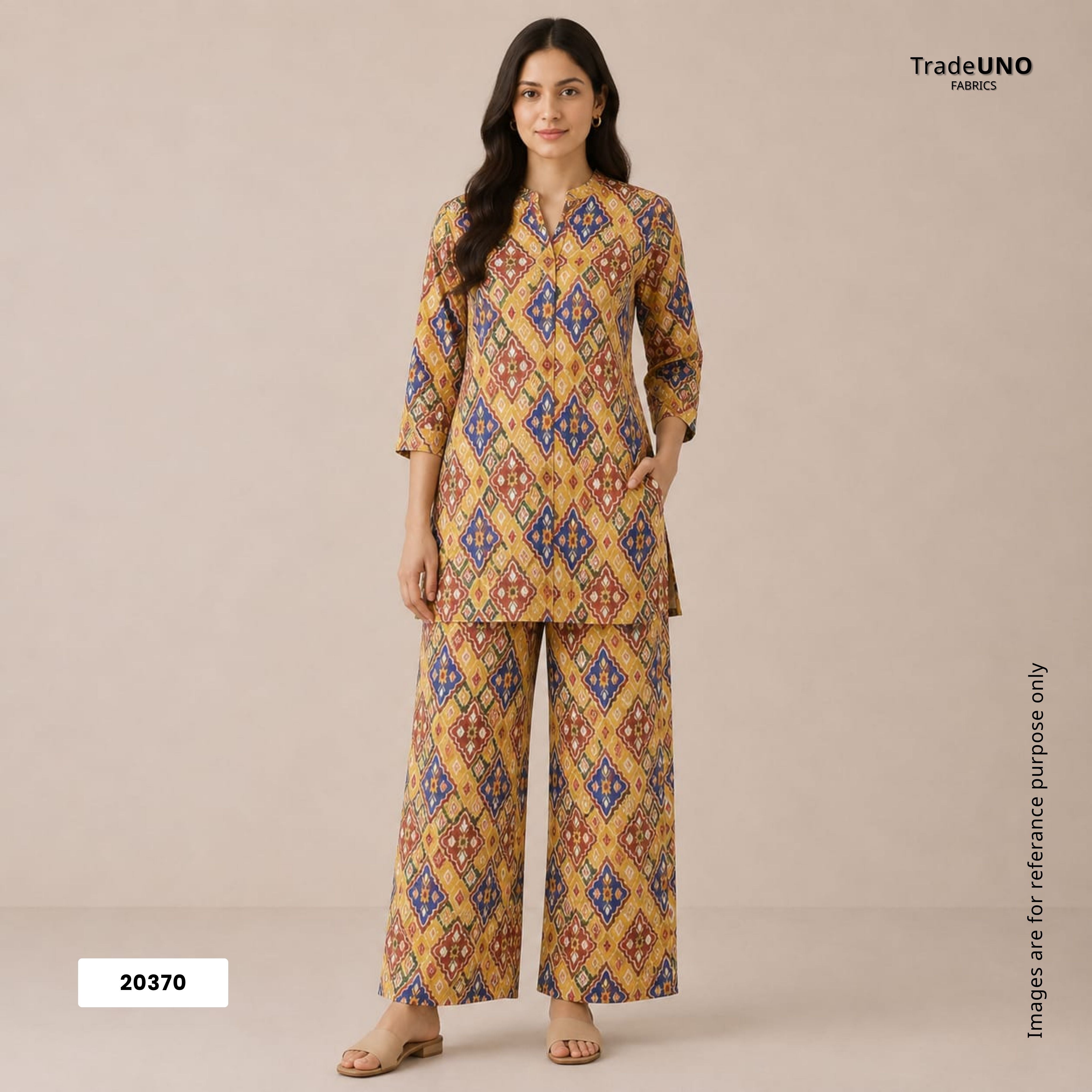 Yellow Ikkat Print Tusser Silk Fabric 20370 - TradeUNO