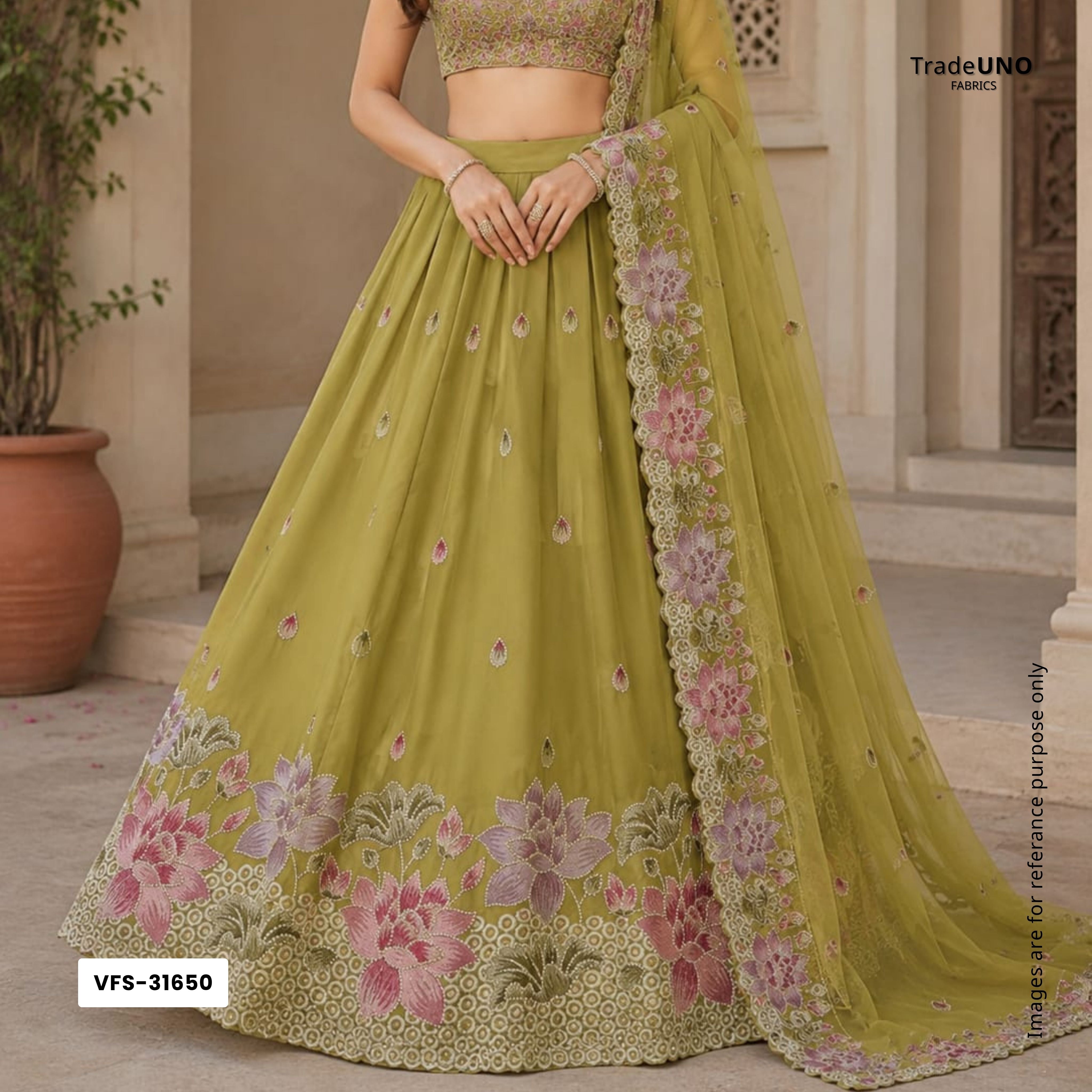 Olive Green Cutwork embroidery Crepe Fabric VFS-31650 - TradeUNO