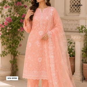 Salmon Pink Chikankari embroidery Organza Fabric VFS-31705 - TradeUNO