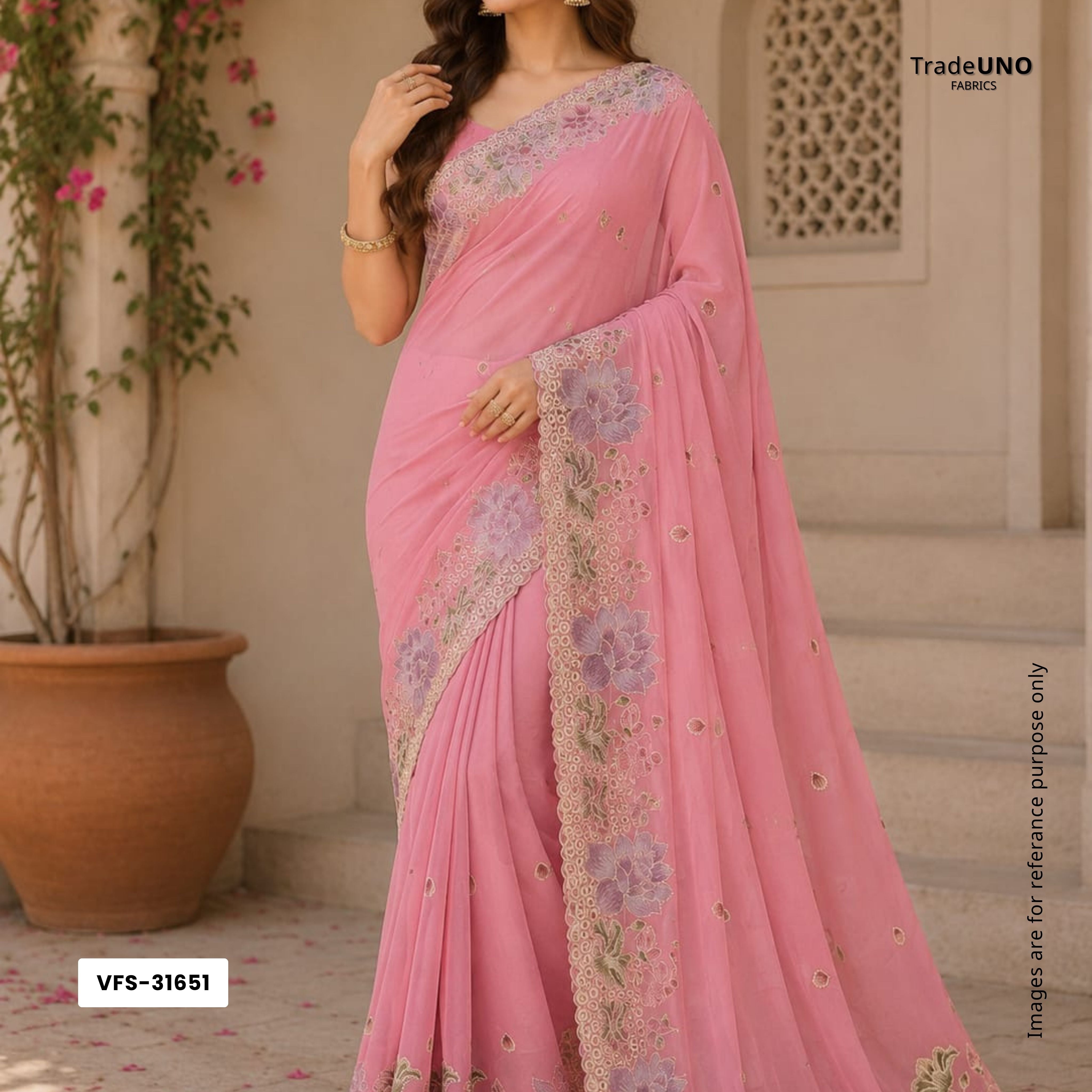 Pink Cutwork embroidery Crepe Fabric VFS-31651 - TradeUNO