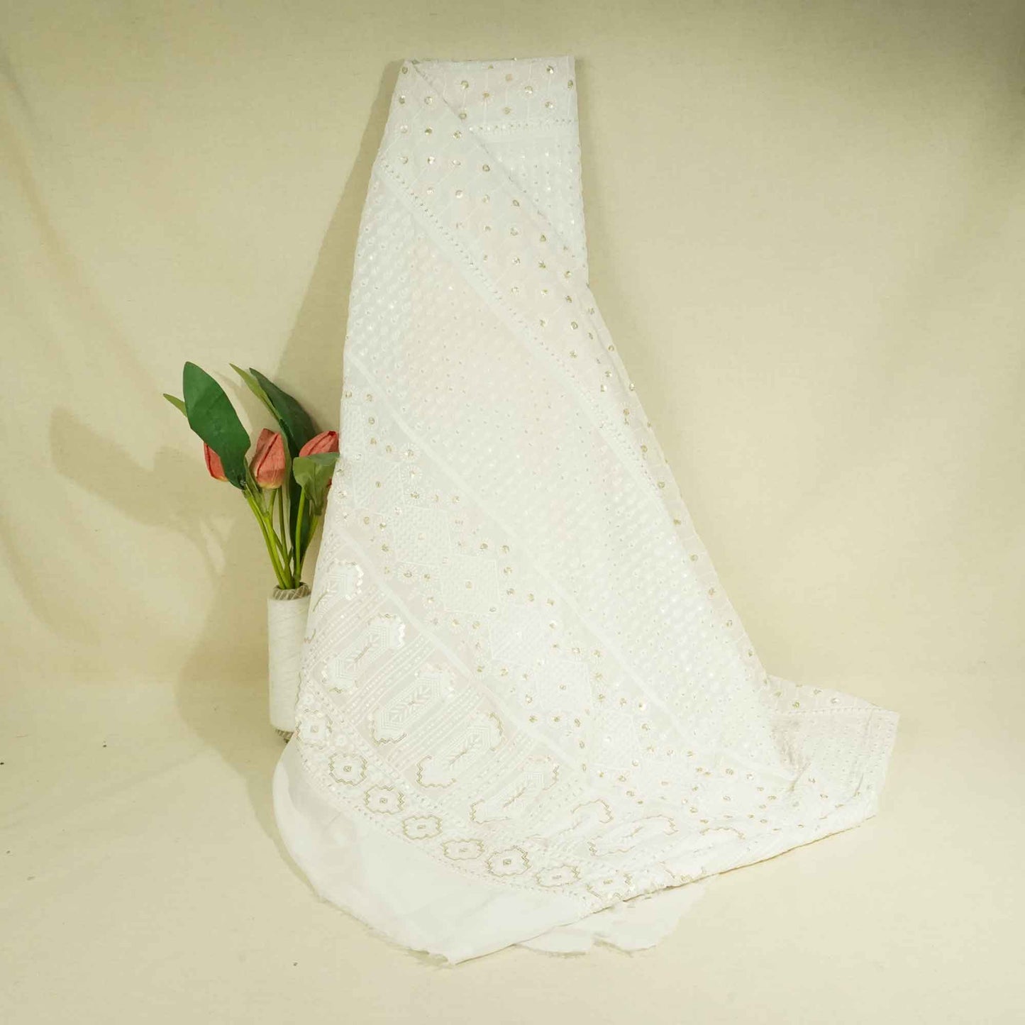 White Geometrical Sequence Thread Embroidery Dyeable Georgette TF-8495