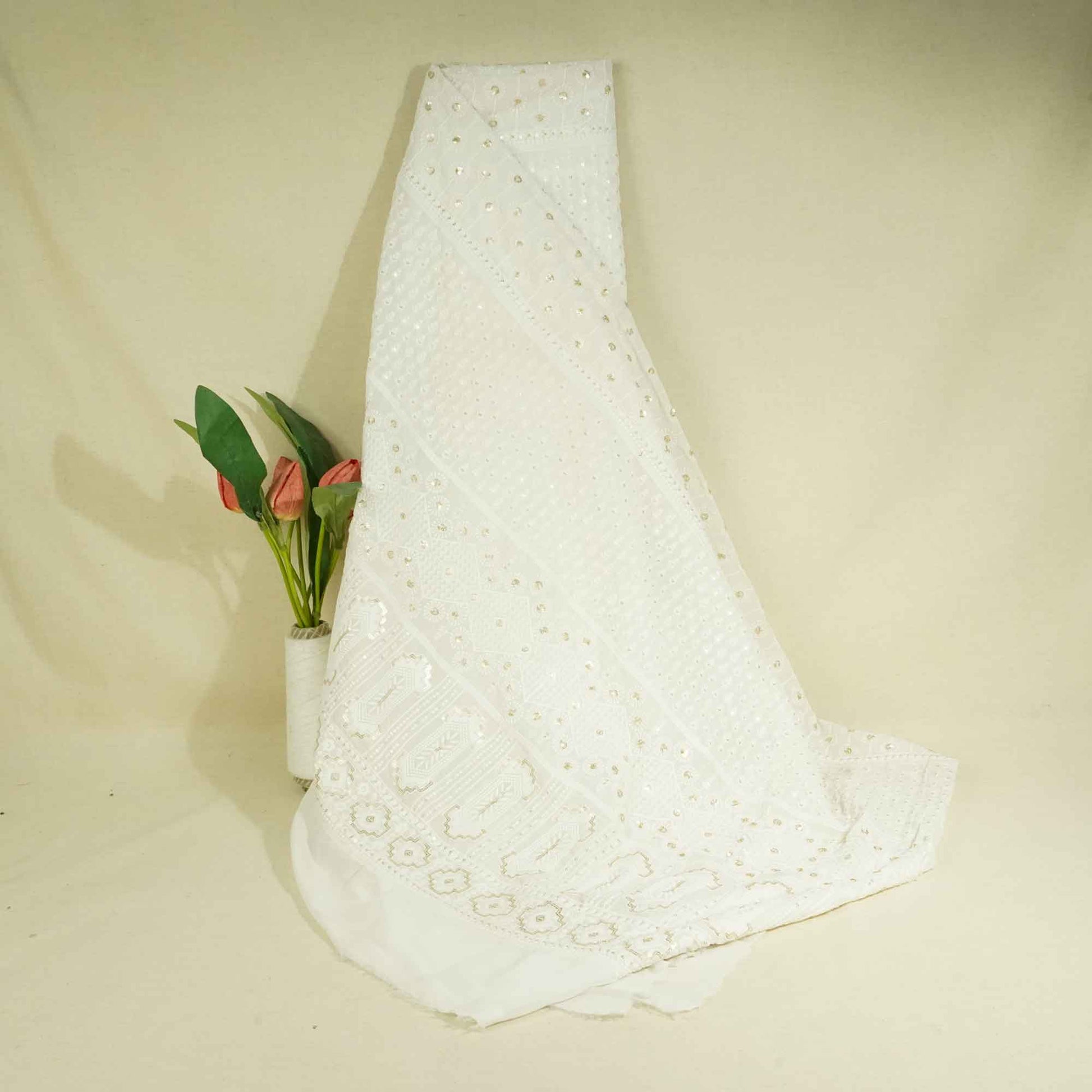 White Geometrical Sequence Thread Embroidery Dyeable Georgette TF-8495