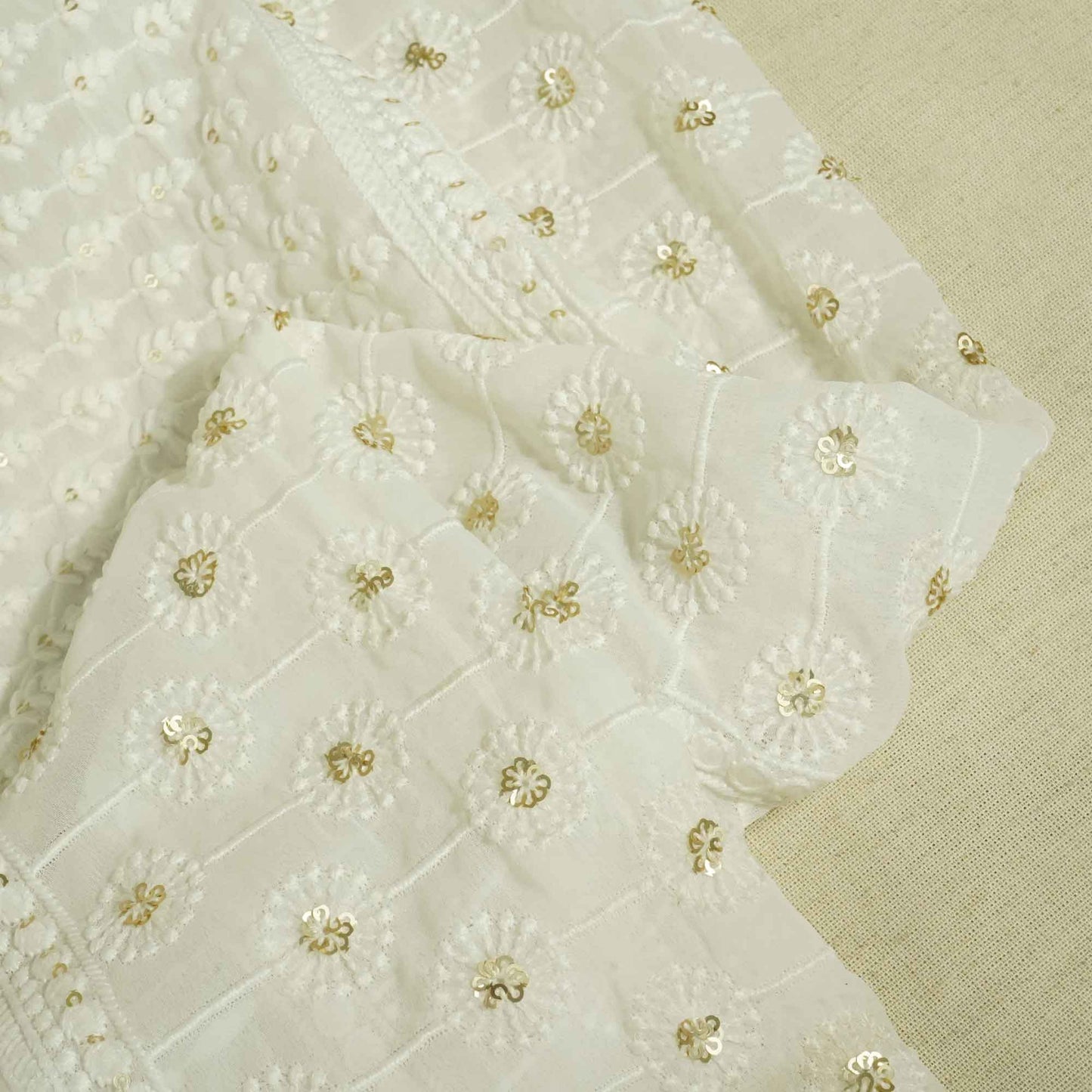 White Geometrical Sequence Thread Embroidery Dyeable Georgette TF-8495
