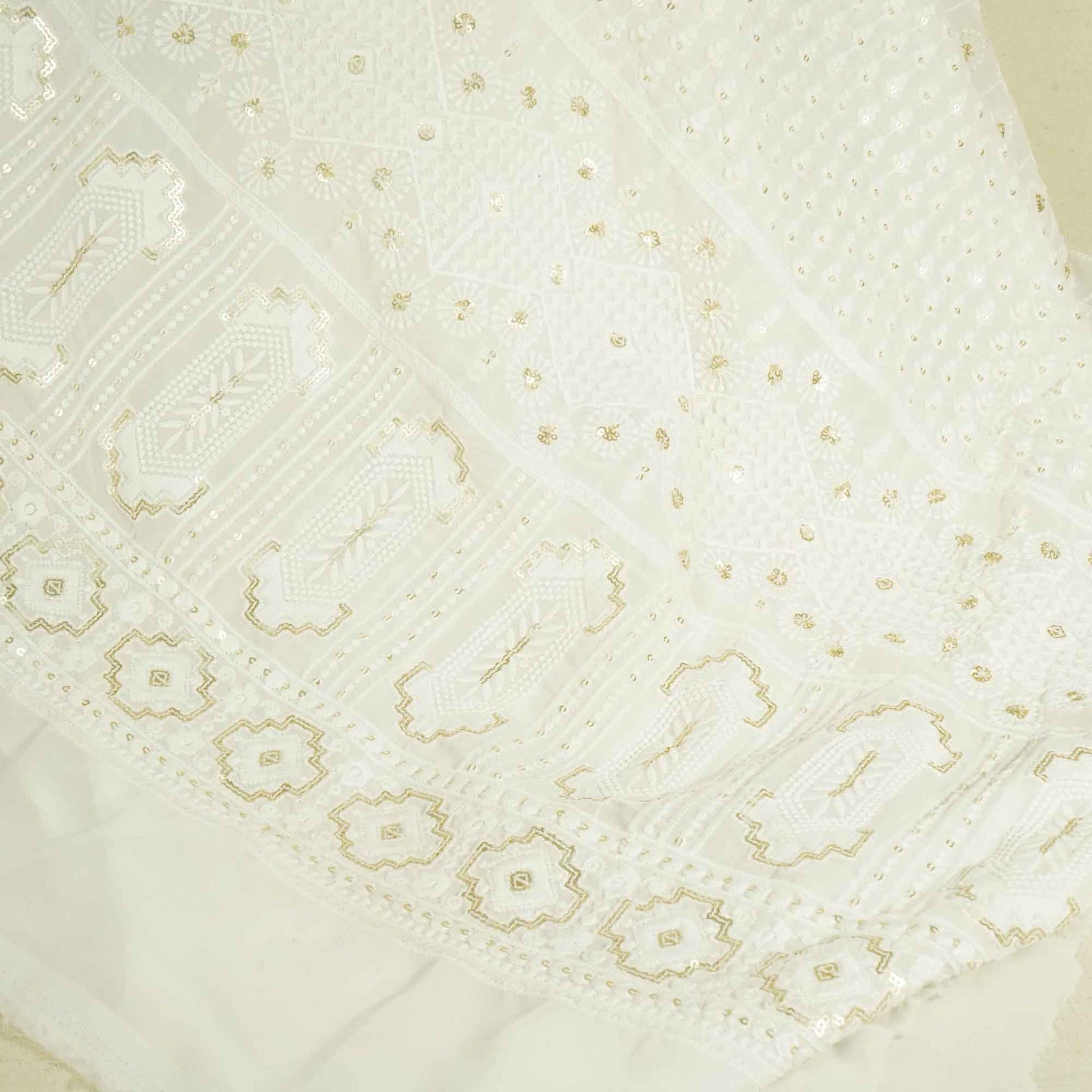 White Geometrical Sequence Thread Embroidery Dyeable Georgette TF-8495