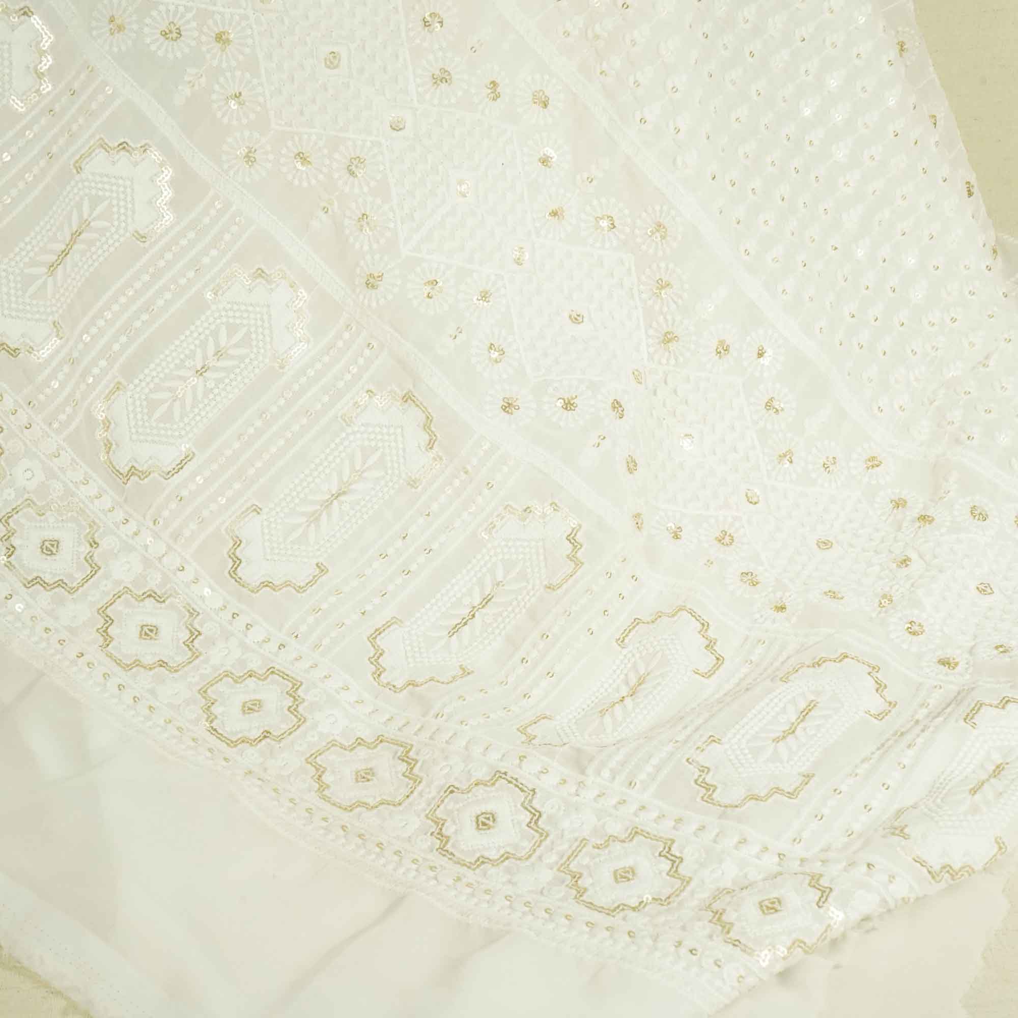 White Geometrical Sequence Thread Embroidery Dyeable Georgette TF-8495