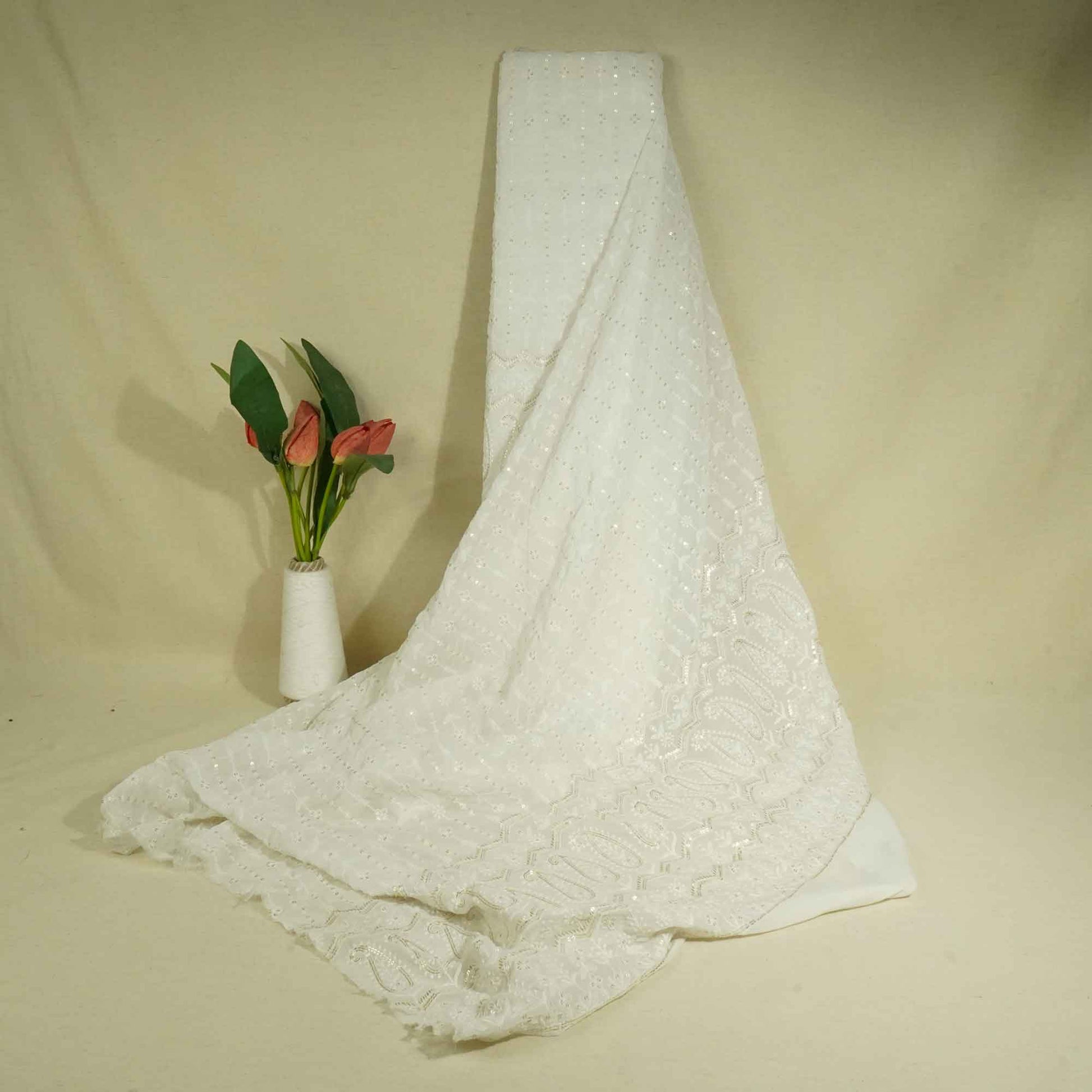 White Paisley Sequence Thread Embroidery Dyeable Georgette TF-8496