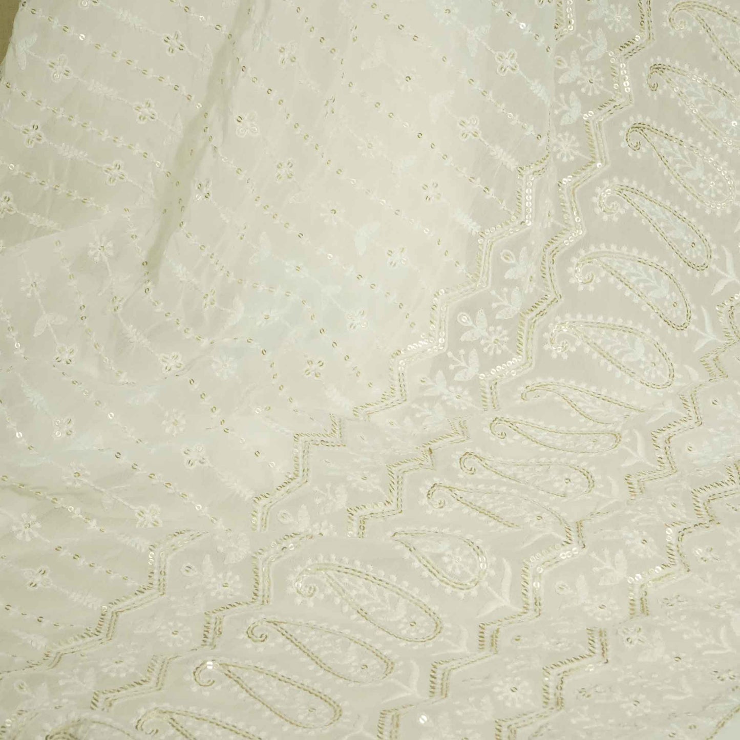 White Paisley Sequence Thread Embroidery Dyeable Georgette TF-8496