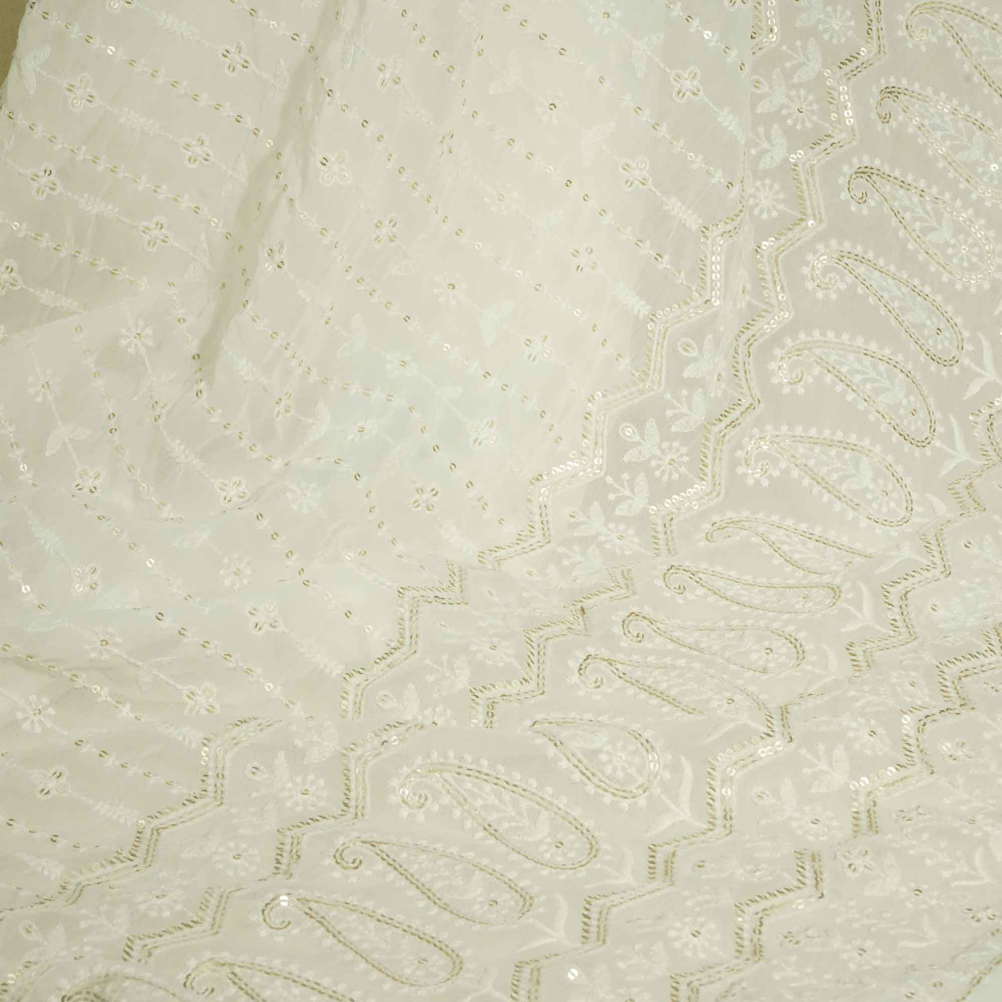 White Paisley Sequence Thread Embroidery Dyeable Georgette TF-8496
