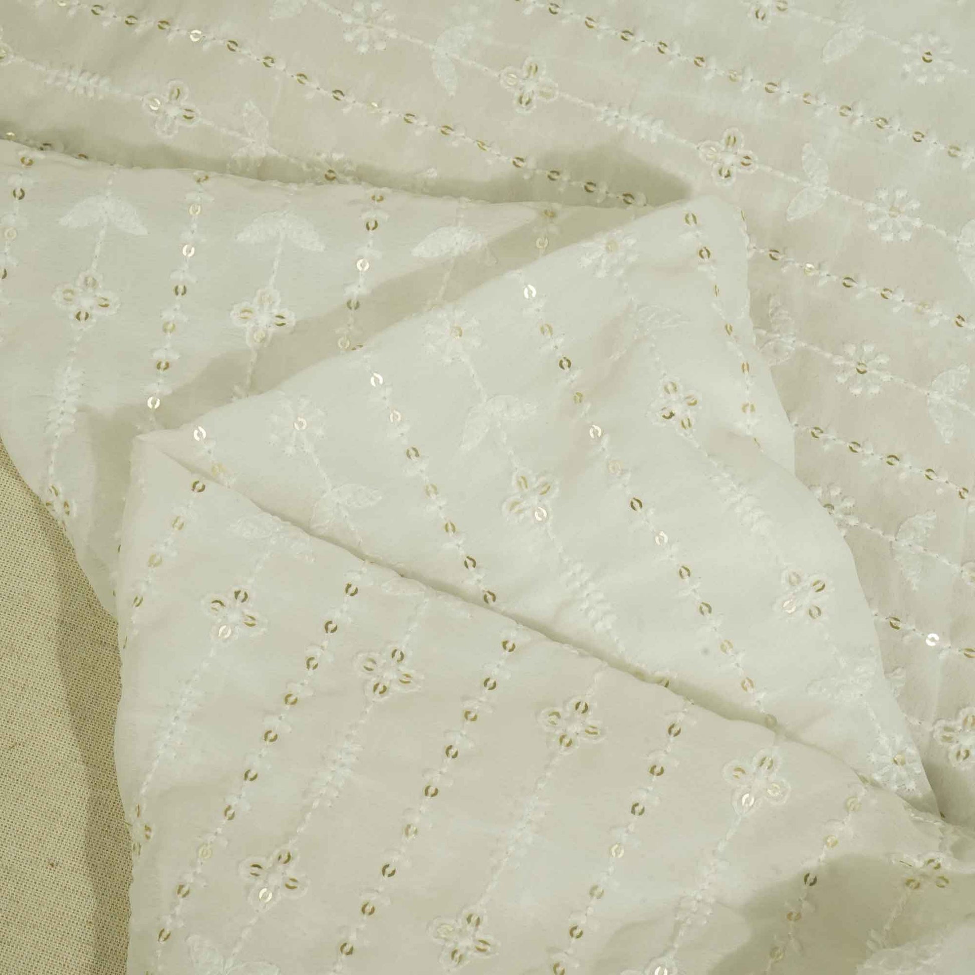 White Paisley Sequence Thread Embroidery Dyeable Georgette TF-8496