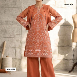 Rust Orange Traditional Dori Work Organza Fabric VFS-31519 - TradeUNO
