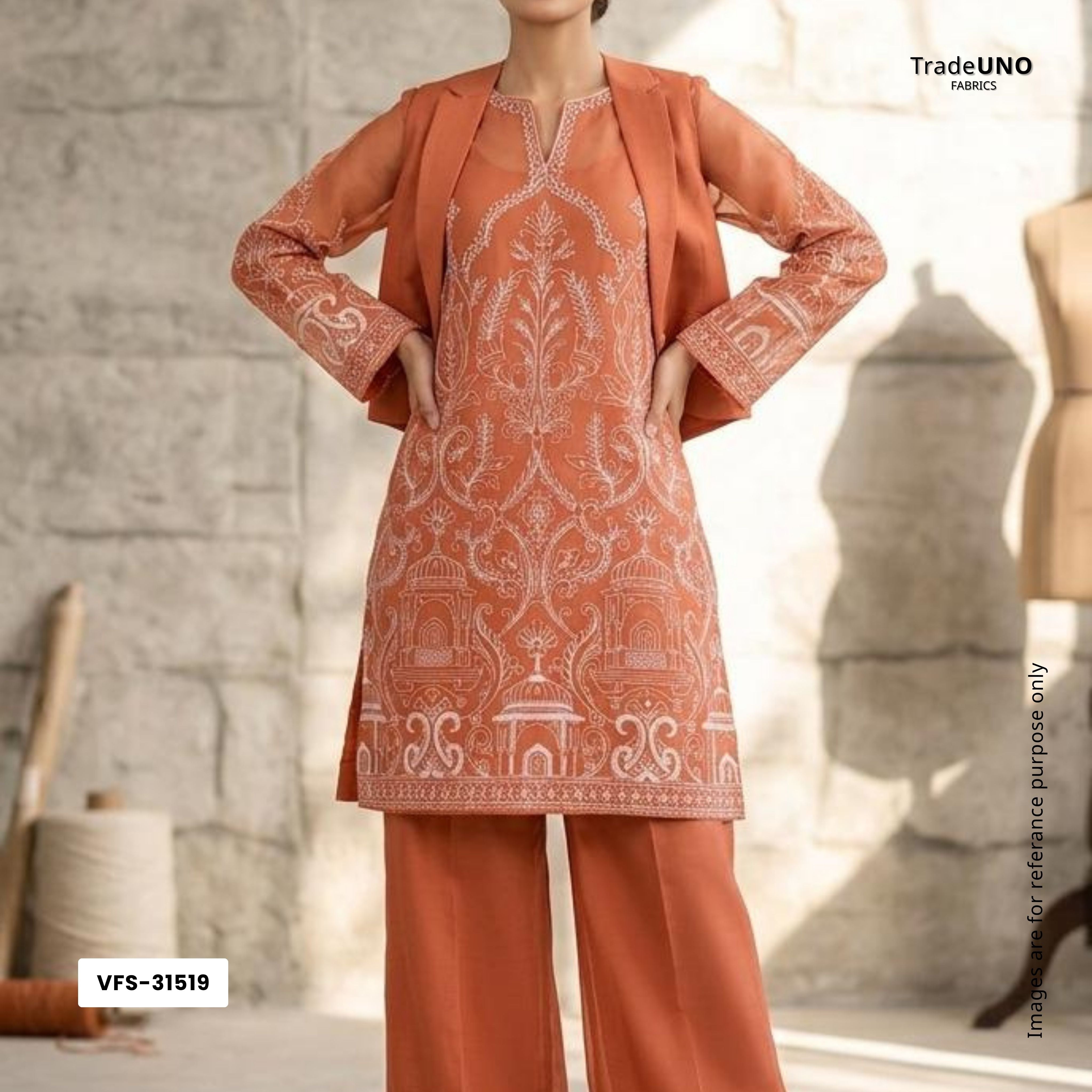 Rust Orange Traditional Dori Work Organza Fabric VFS-31519 - TradeUNO