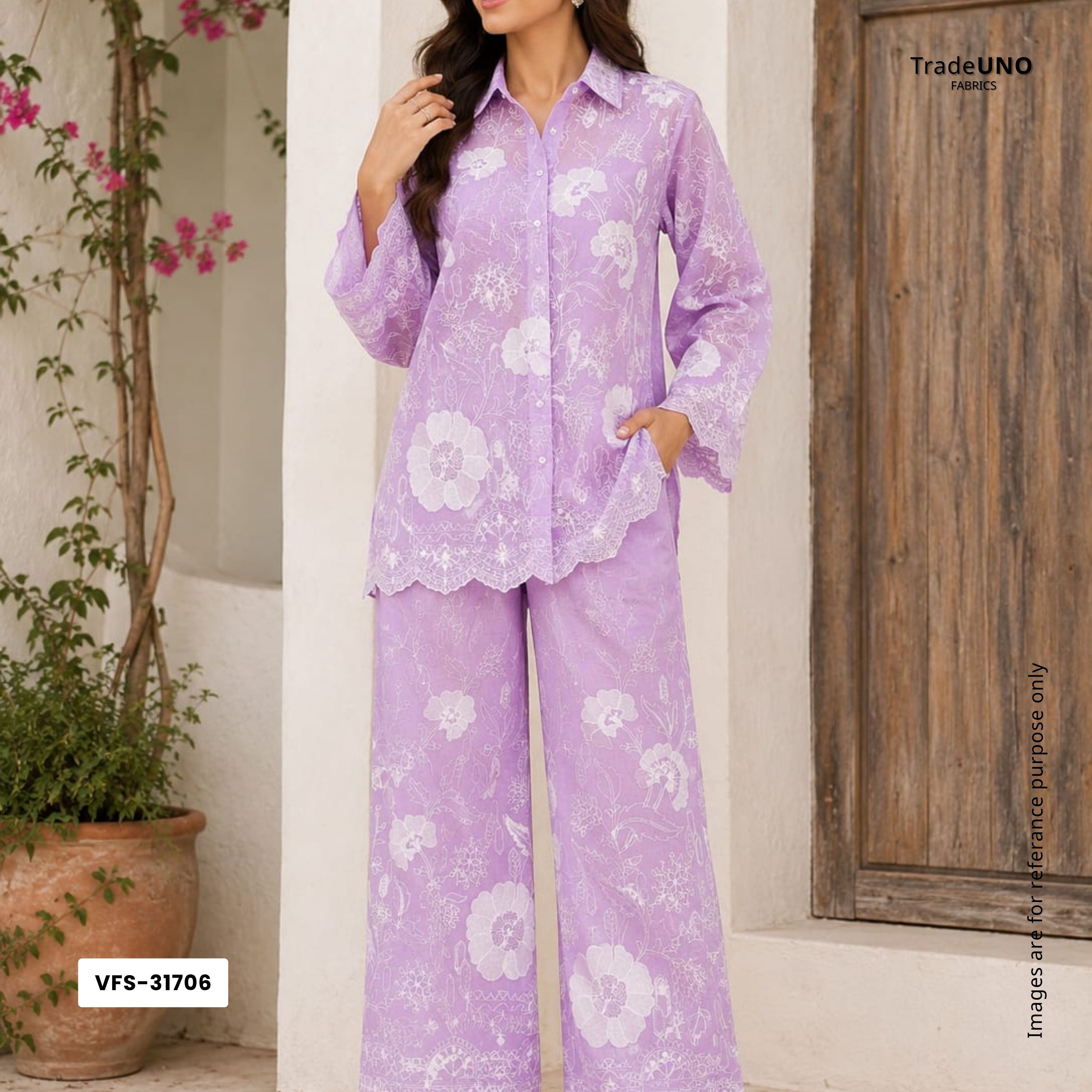 Lavender Chikankari embroidery Organza Fabric VFS-31706 - TradeUNO
