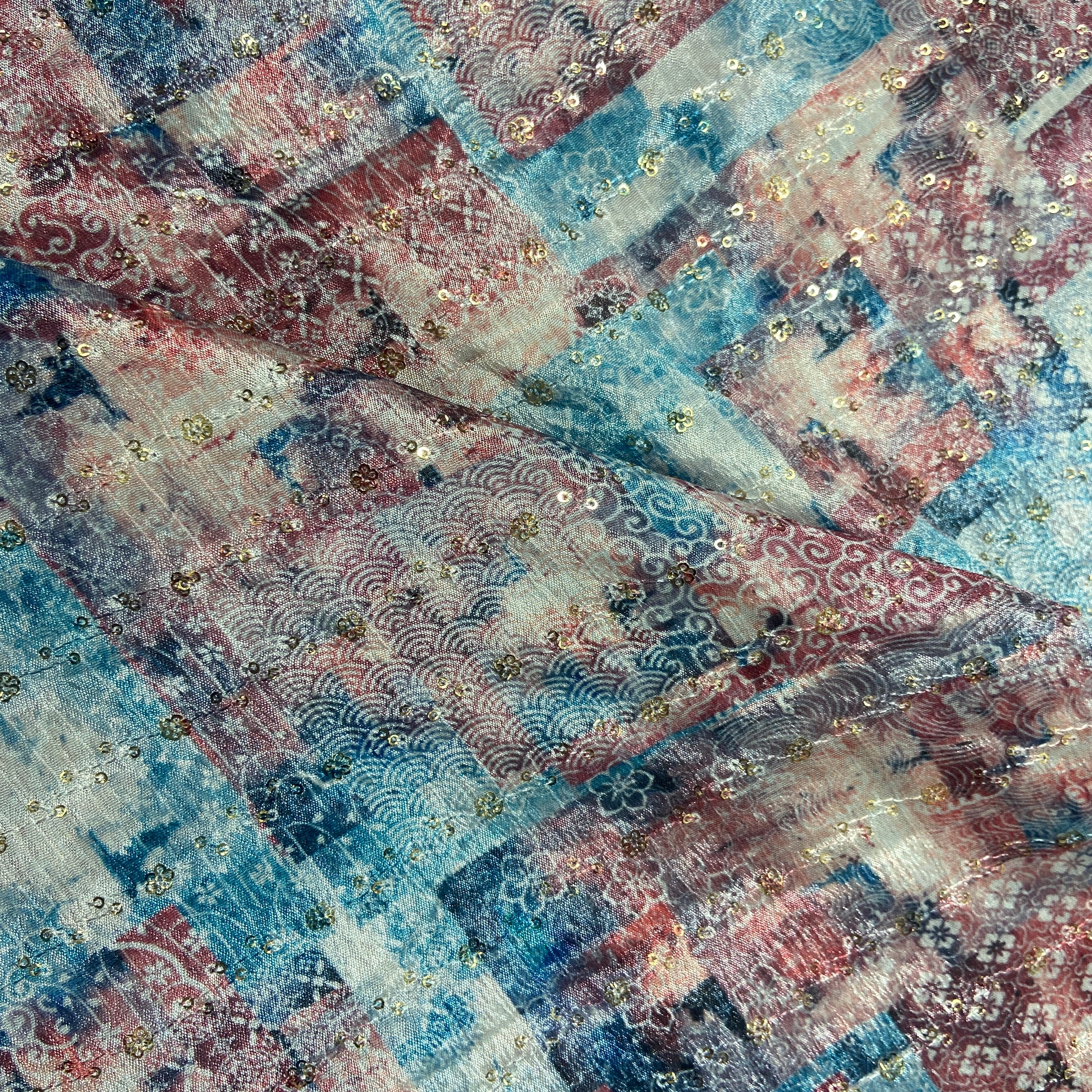 Blue & Multicolor Traditional Print Chinon Fabric