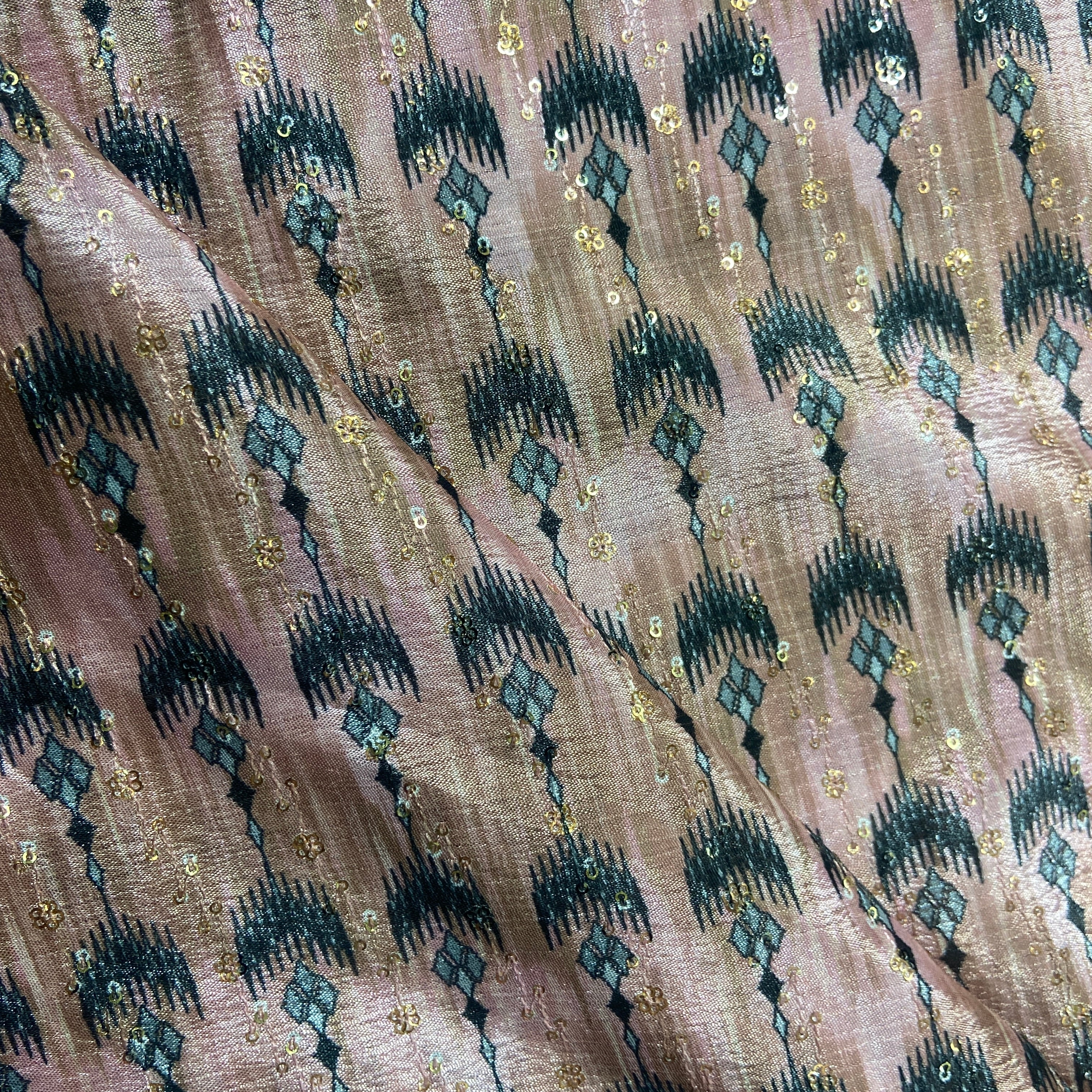 Pink & Black Ikkat print Chinon Fabric