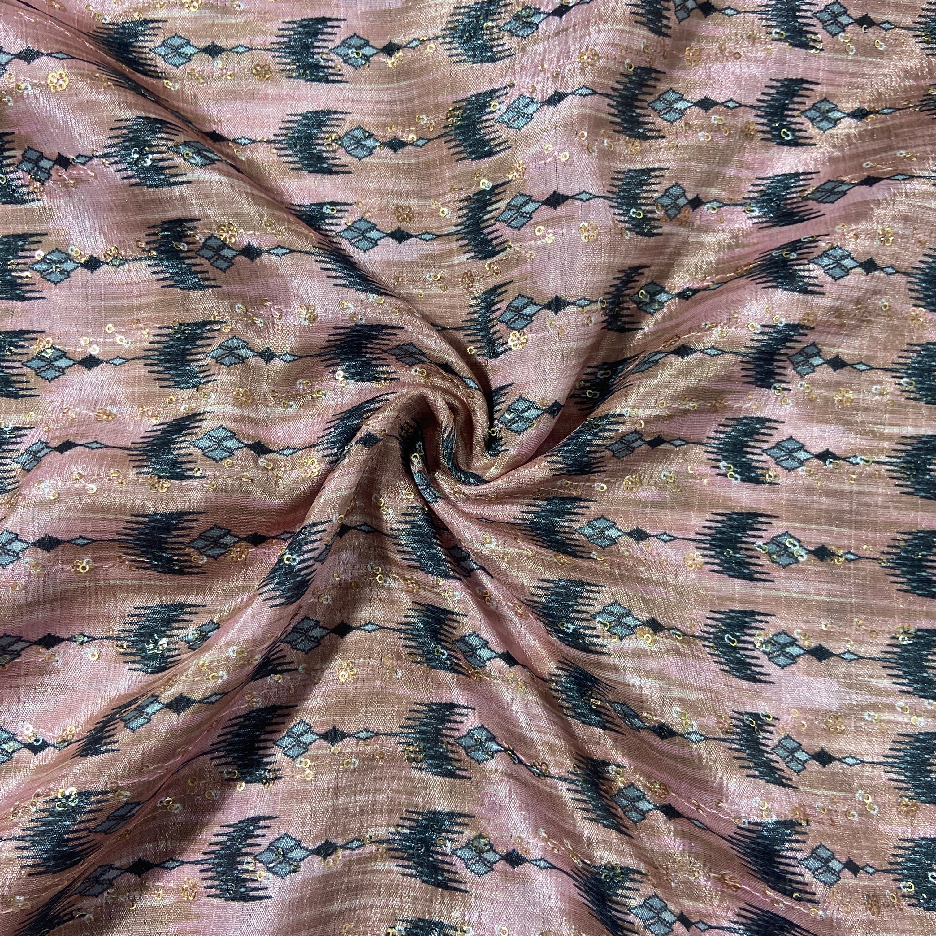 Pink & Black Ikkat print Chinon Fabric