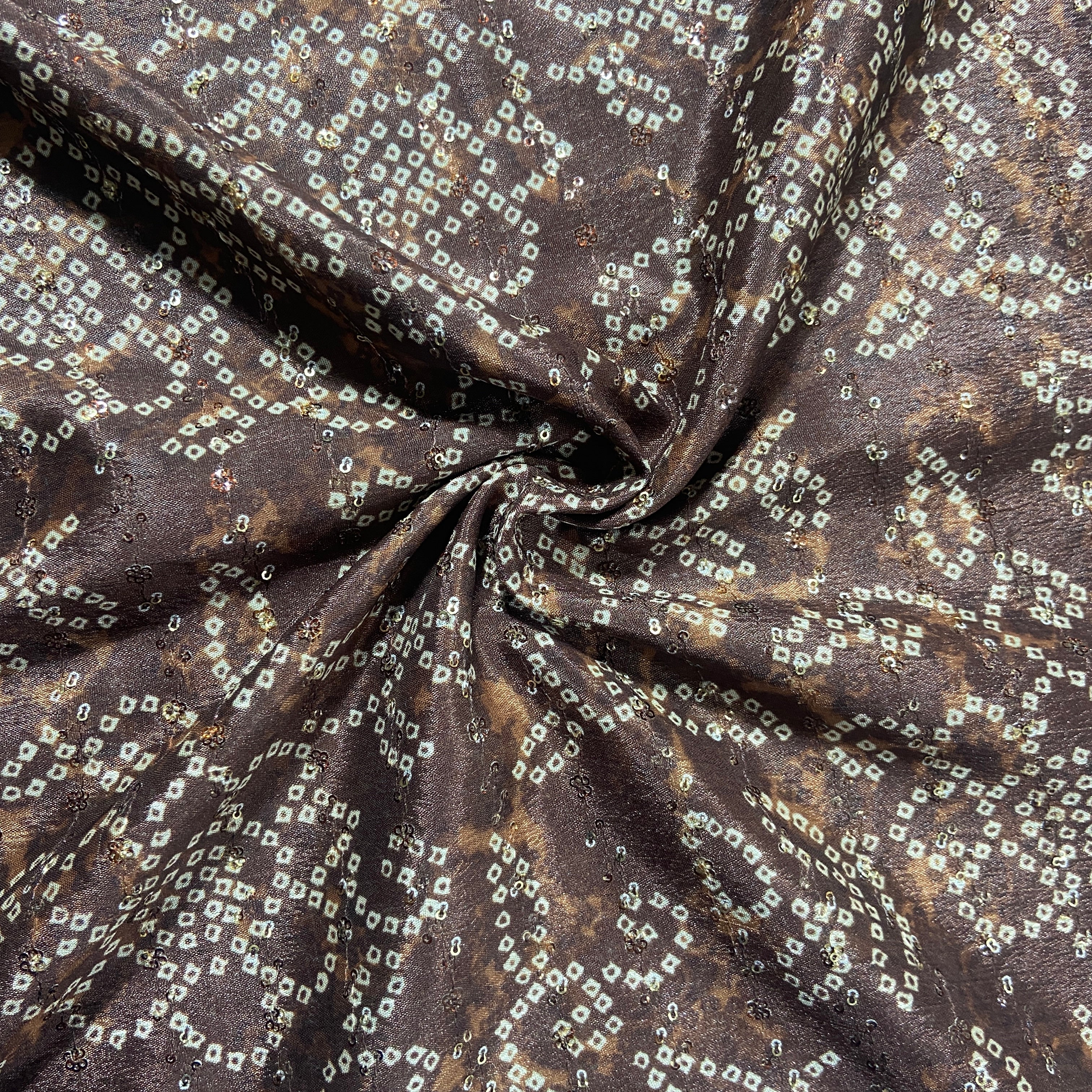 Brown Bandhani Print Chinon Fabric