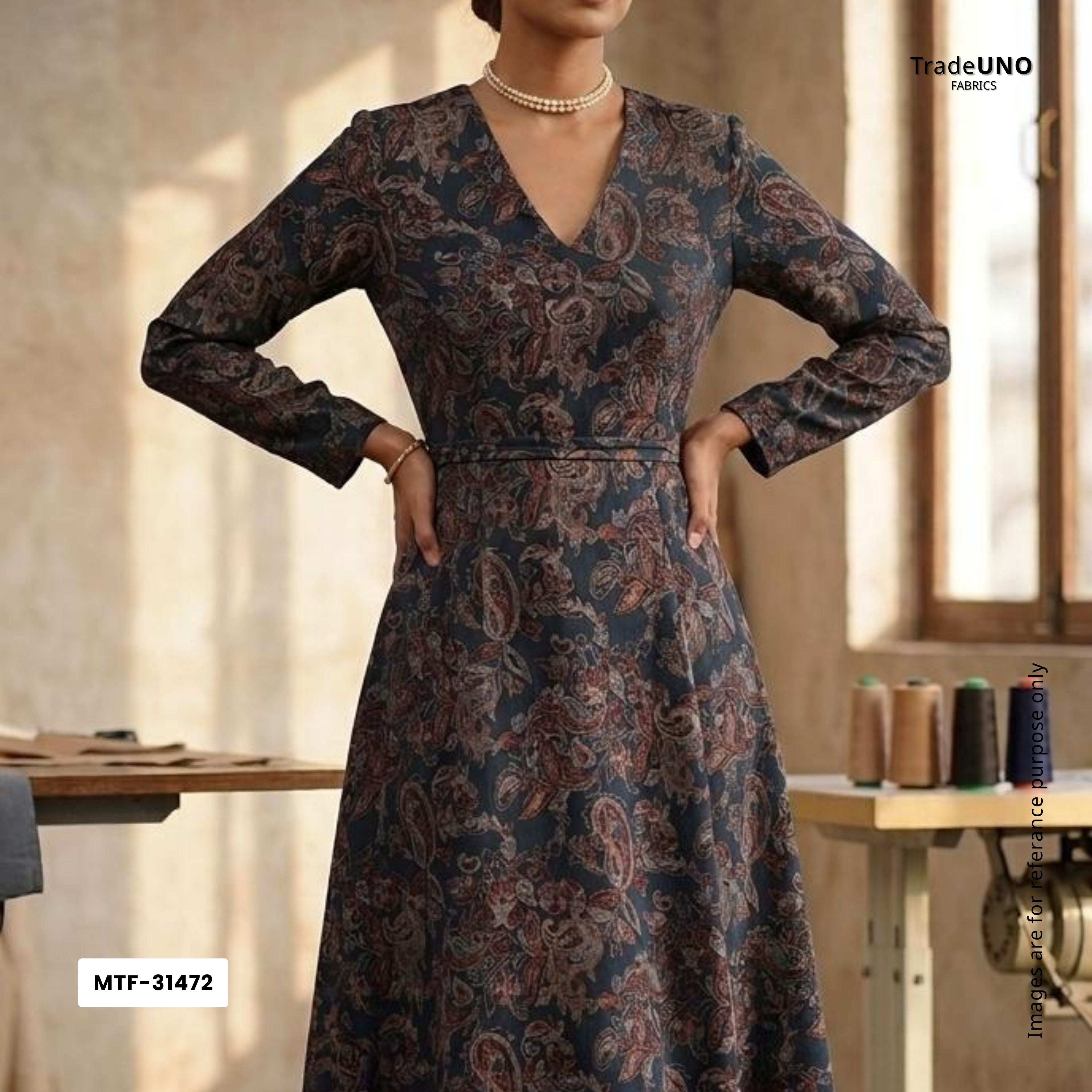 Dark Teal floral Jacquard print Pure Crepe Fabric MTF-31472 - TradeUNO