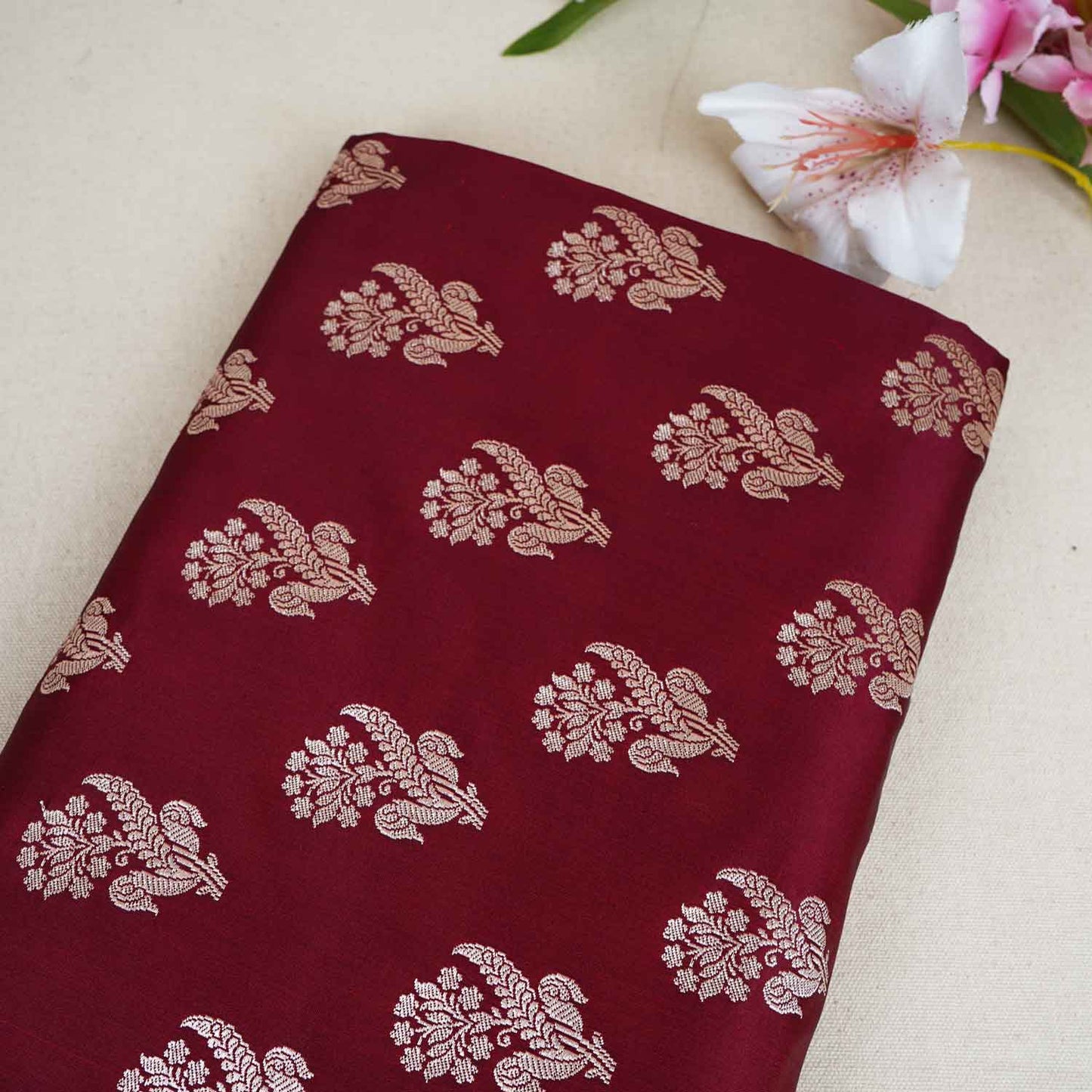 Maroon Saffron Silver Butti Brocade Fabric NH-28882