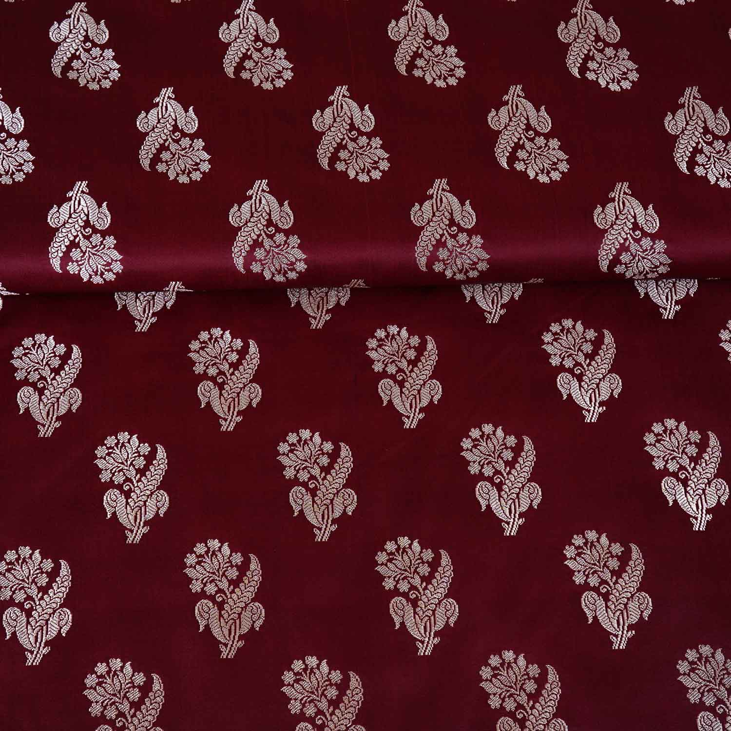 Maroon Saffron Silver Butti Brocade Fabric NH-28882 - TradeUNO
