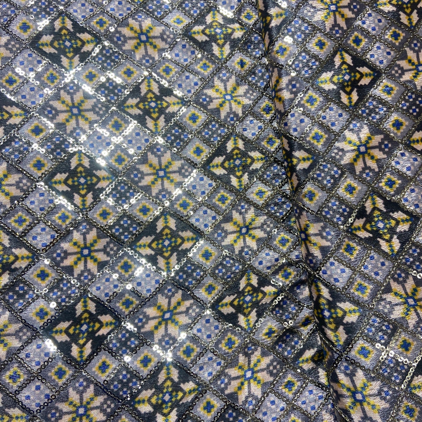 Grey & Multicolor Handblock Sequence Chinon Fabric
