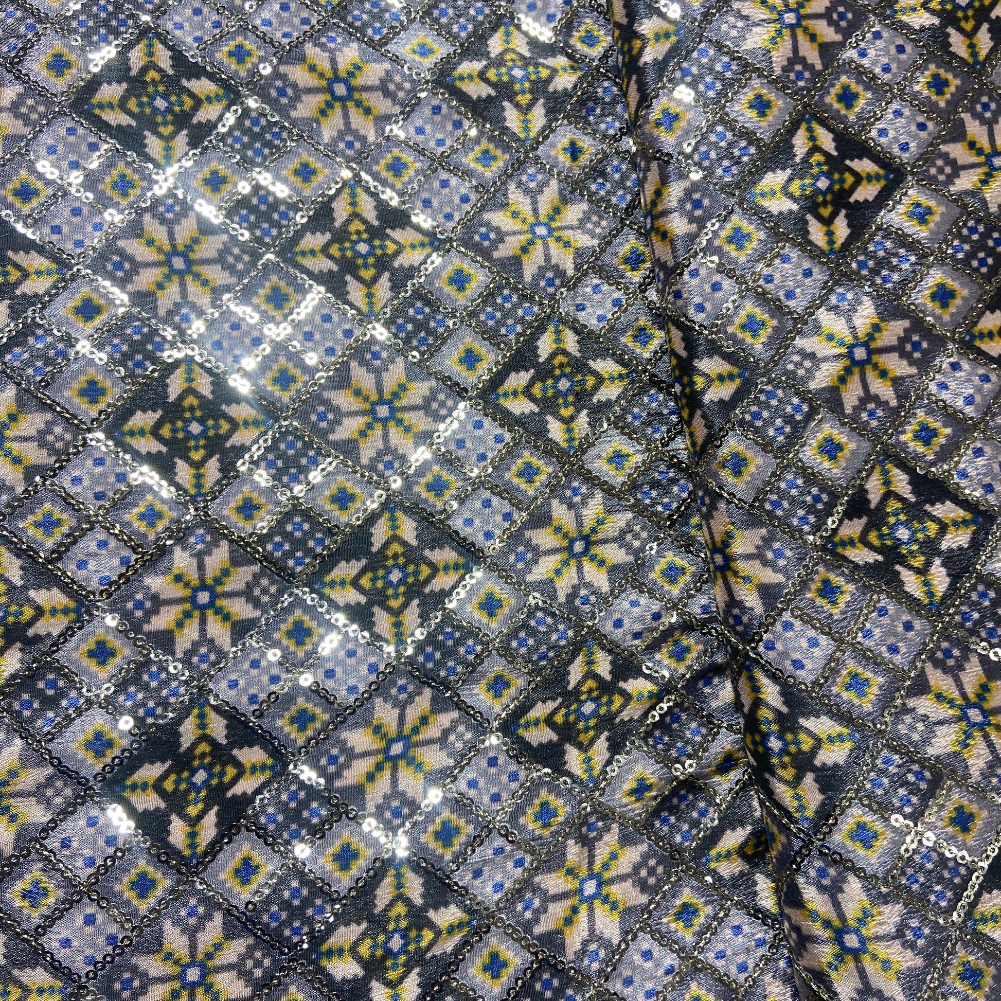 Grey & Multicolor Handblock Sequence Chinon Fabric
