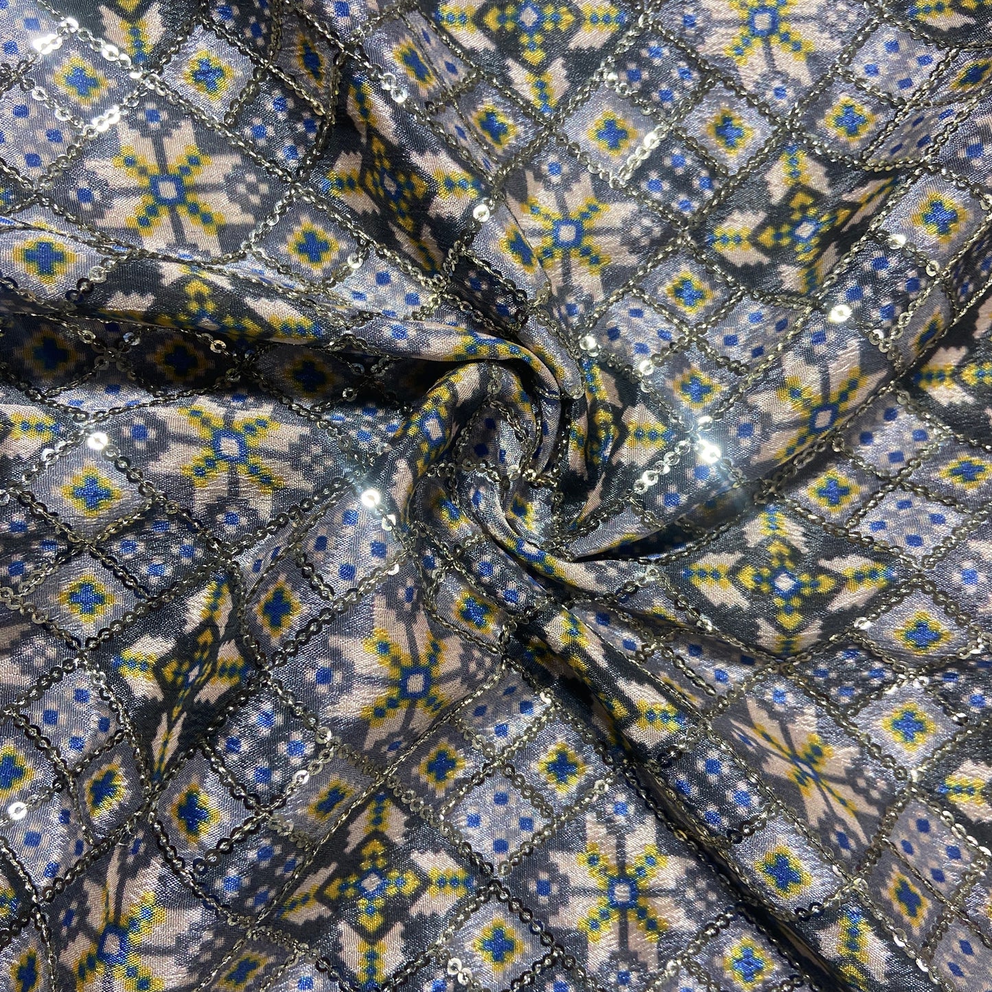 Grey & Multicolor Handblock Sequence Chinon Fabric