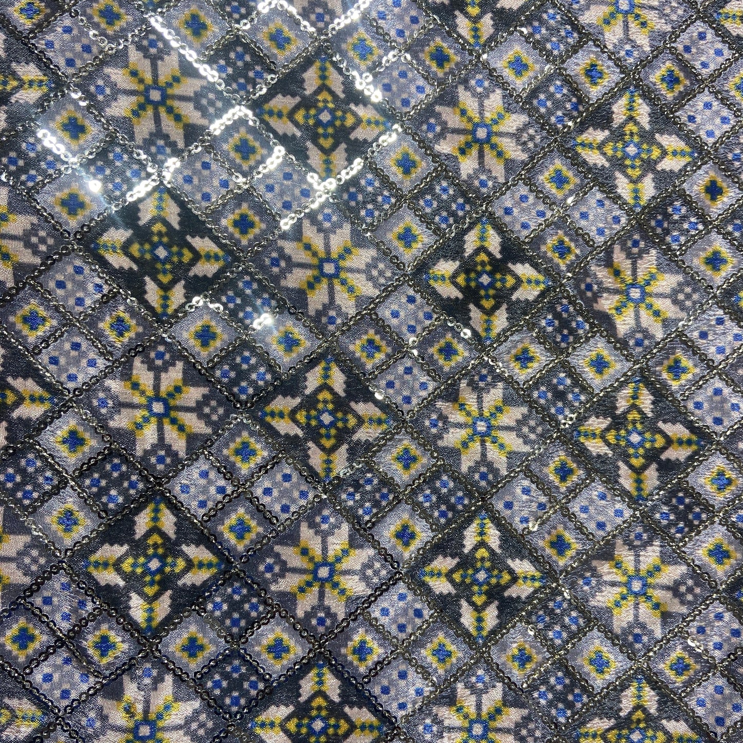 Grey & Multicolor Handblock Sequence Chinon Fabric
