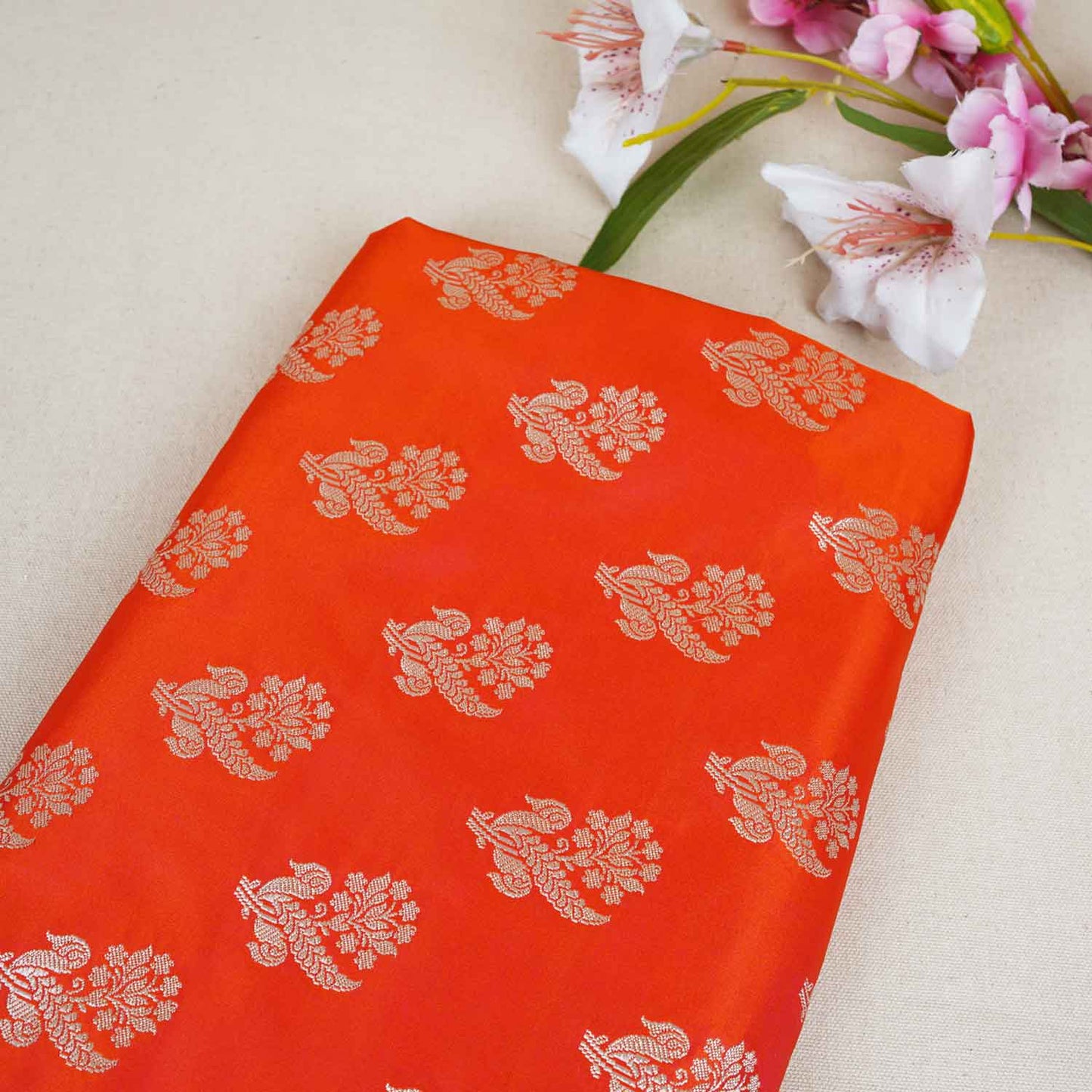 Orange Saffron Silver Butti Brocade Fabric NH-28883