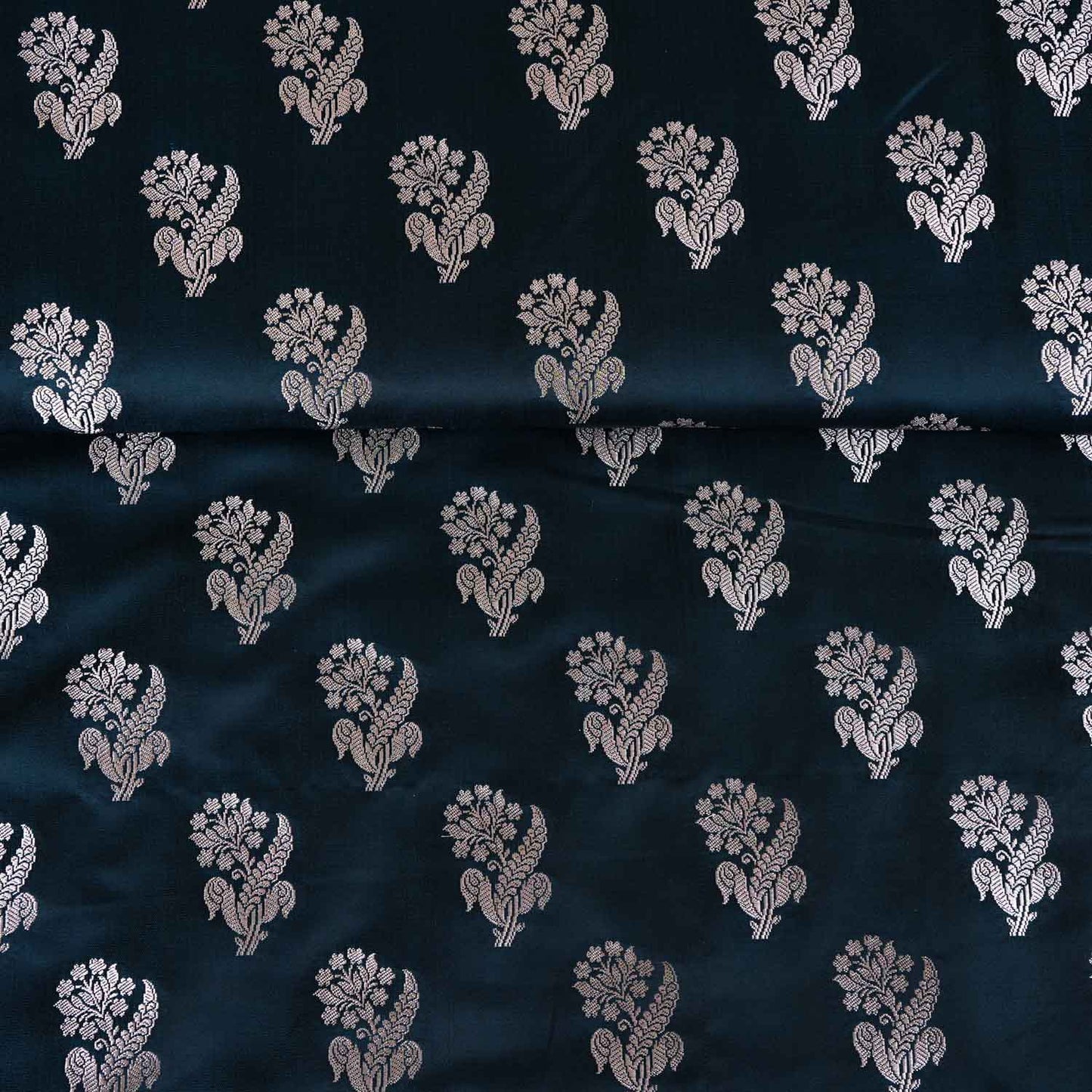 Teal Blue Saffron Silver Butti Brocade Fabric NH-28884