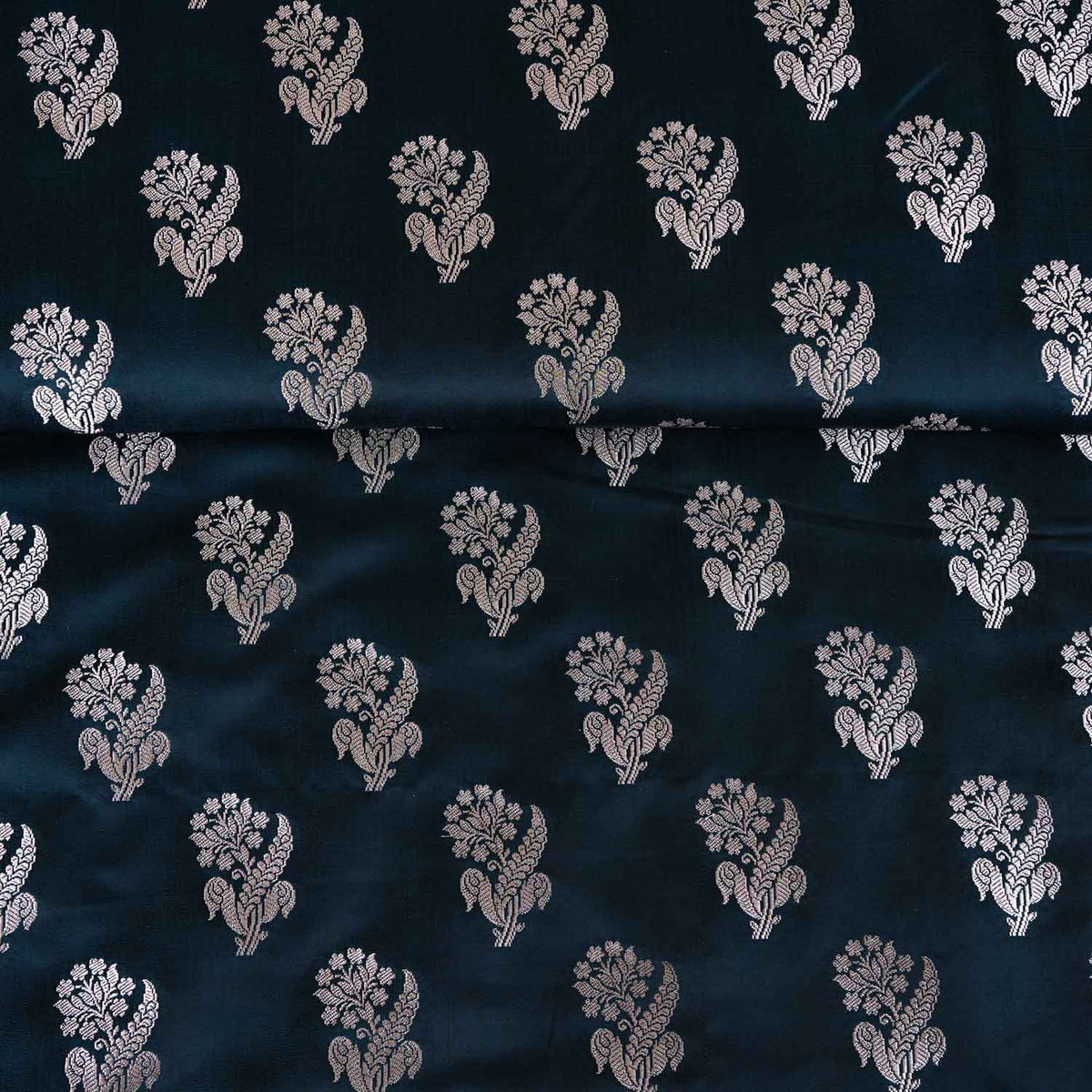 Teal Blue Saffron Silver Butti Brocade Fabric NH-28884 - TradeUNO
