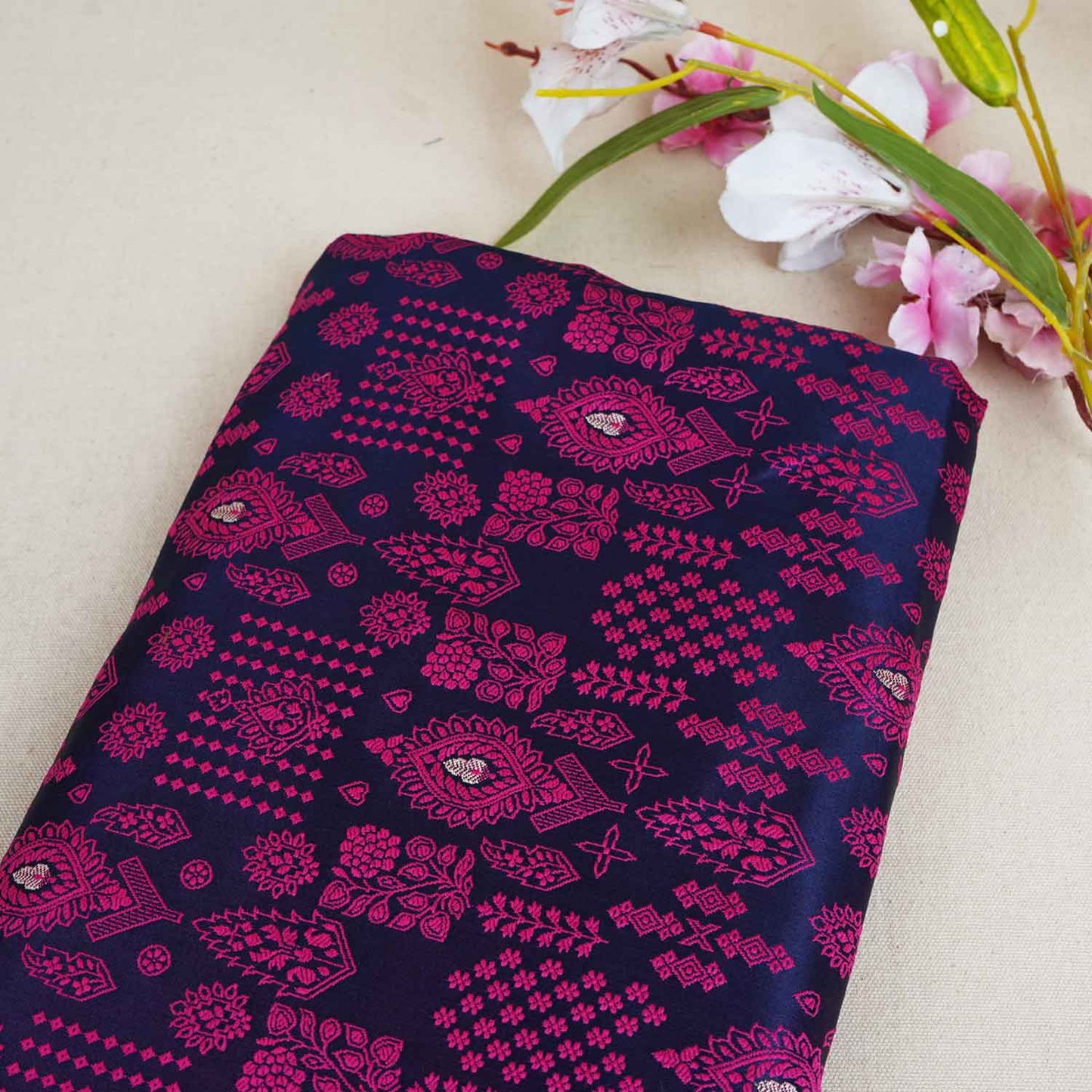 Blue & Pink Traditional Weave Brocade Fabric NH-28886