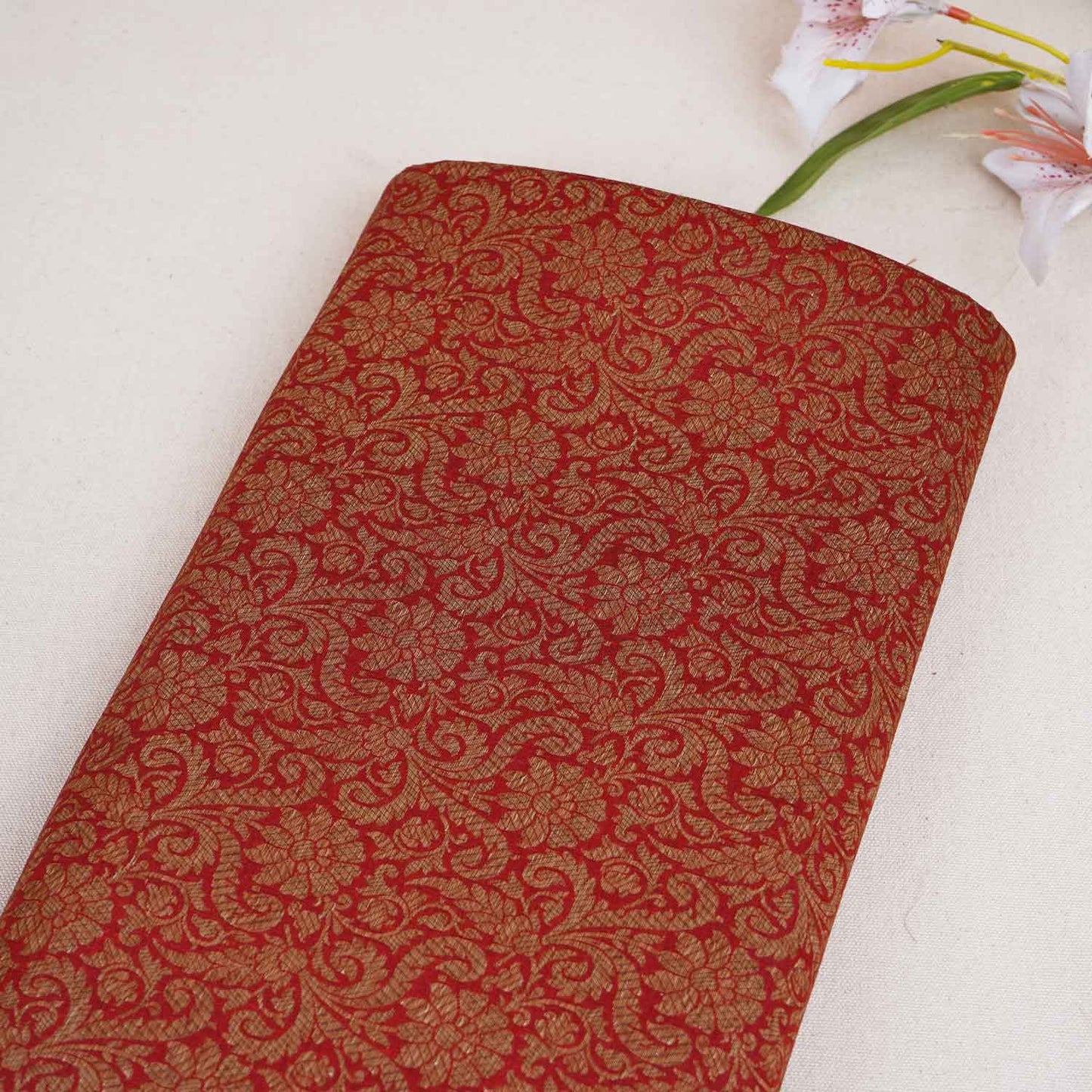 Red Antick Gold Jaal Brocade Fabric NH-28890